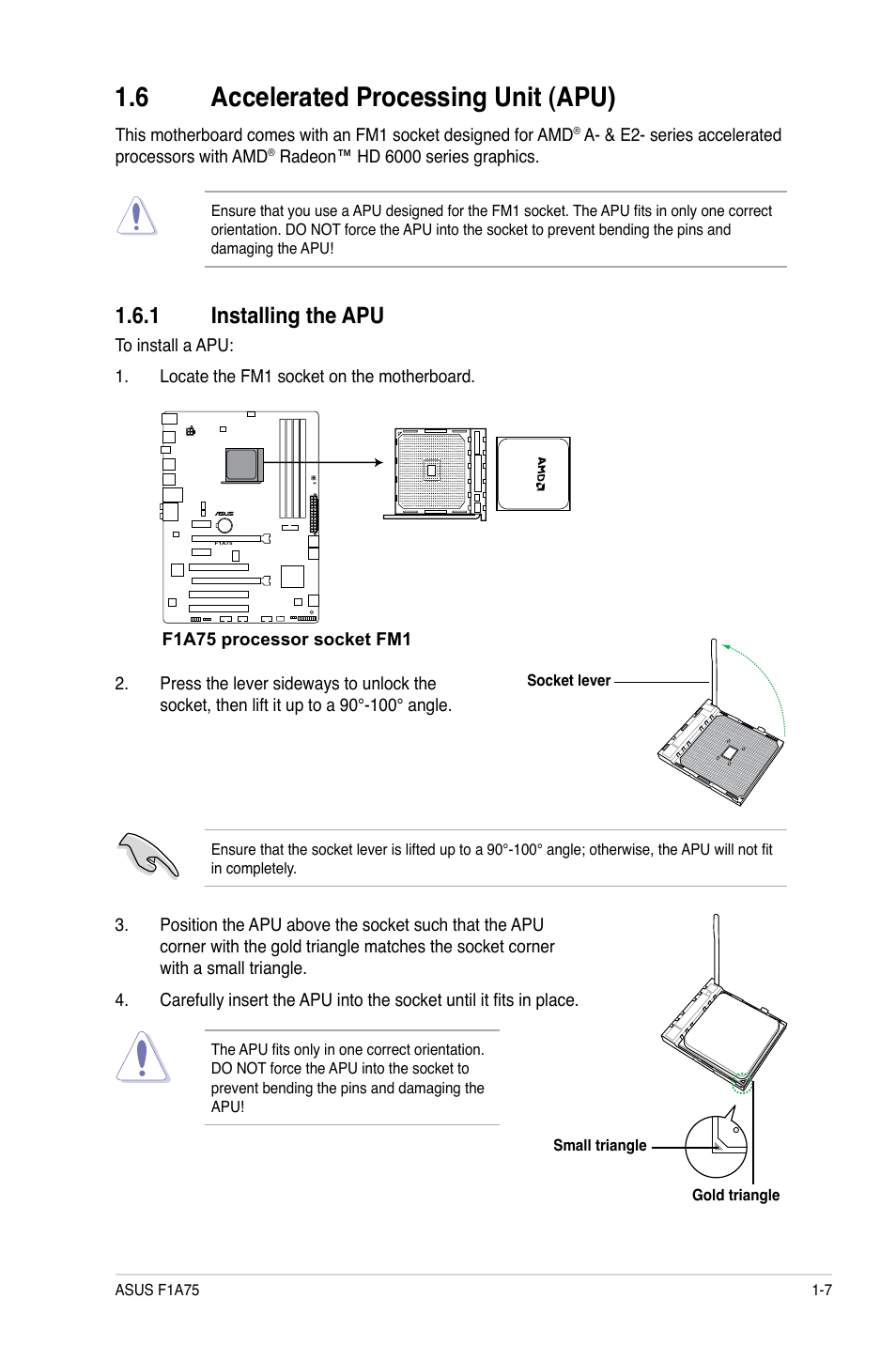 6 accelerated processing unit (apu), 1 installing the apu, Accelerated processing unit (apu) -7 1.6.1 | Installing the apu -7 | Asus F1A75 User Manual | Page 19 / 70