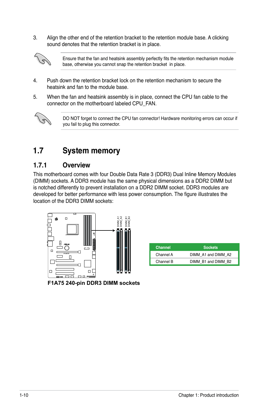 7 system memory, 1 overview, System memory -10 1.7.1 | Overview -10 | Asus F1A75 User Manual | Page 22 / 70