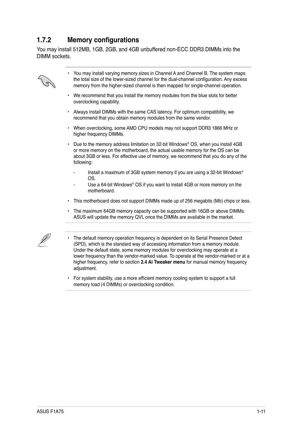 2 memory configurations, Memory configurations -11 | Asus F1A75 User Manual | Page 23 / 70