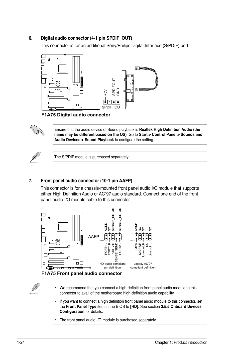 F1a75 digital audio connector, F1a75 front panel audio connector | Asus F1A75 User Manual | Page 36 / 70