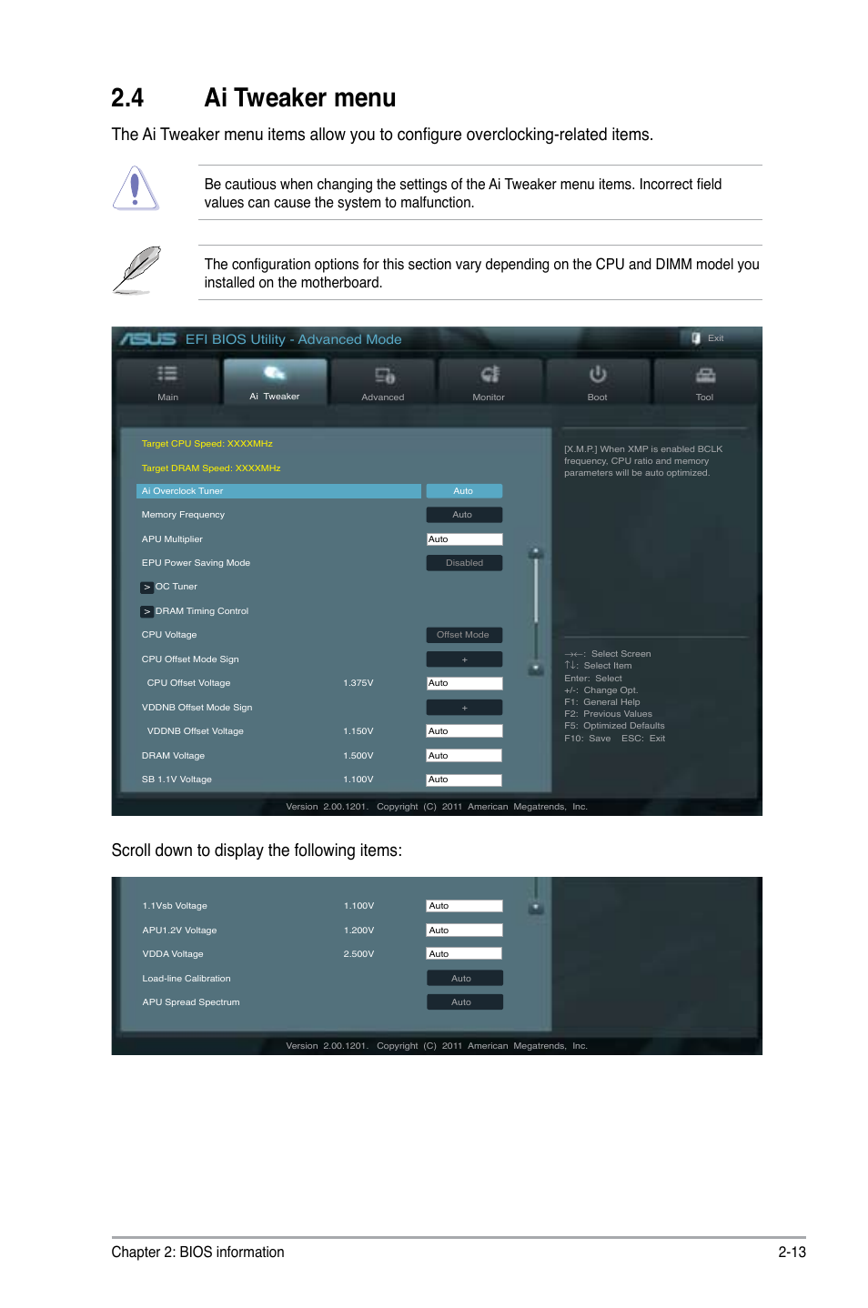 4 ai tweaker menu, Ai tweaker menu -13, Scroll down to display the following items | Chapter 2: bios information 2-13, Efi bios utility - advanced mode | Asus F1A75 User Manual | Page 53 / 70