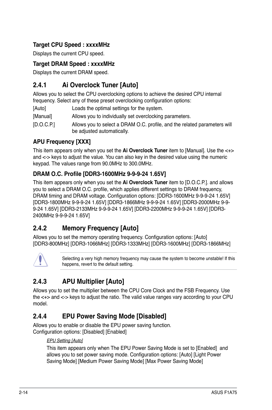 1 ai overclock tuner [auto, 2 memory frequency [auto, 3 apu multiplier [auto | 4 epu power saving mode [disabled, Ai overclock tuner [auto] -14, Memory frequency [auto] -14, Apu multiplier [auto] -14, Epu power saving mode [disabled] -14 | Asus F1A75 User Manual | Page 54 / 70