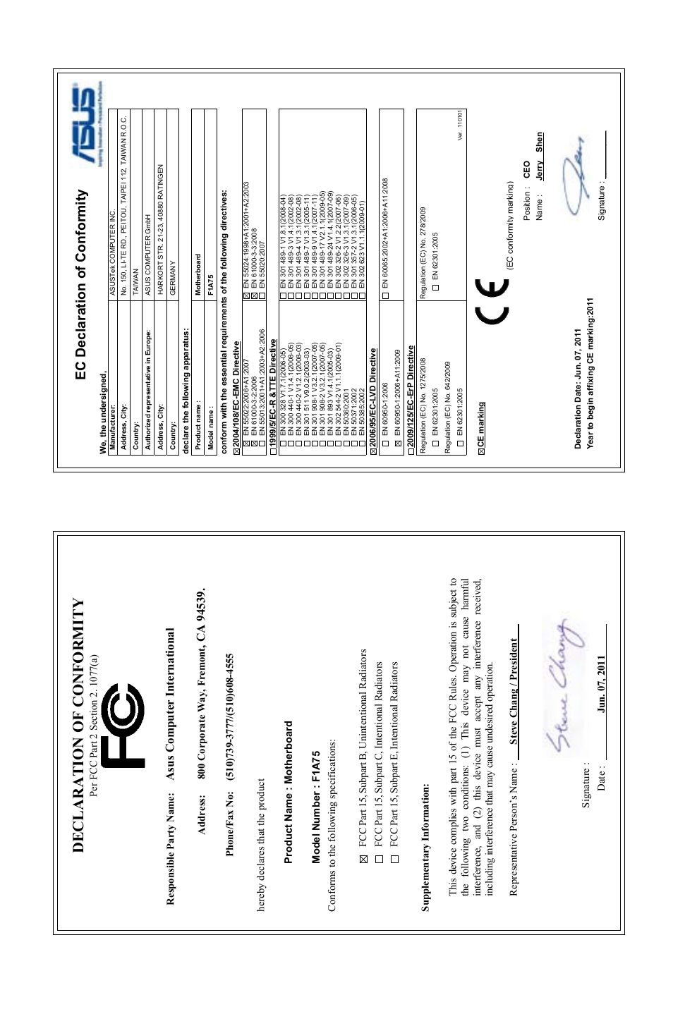 Declaration of conformity, Ec declaration of conformity, Asu s c om pu te r in te rn at io na l | Asus F1A75 User Manual | Page 70 / 70