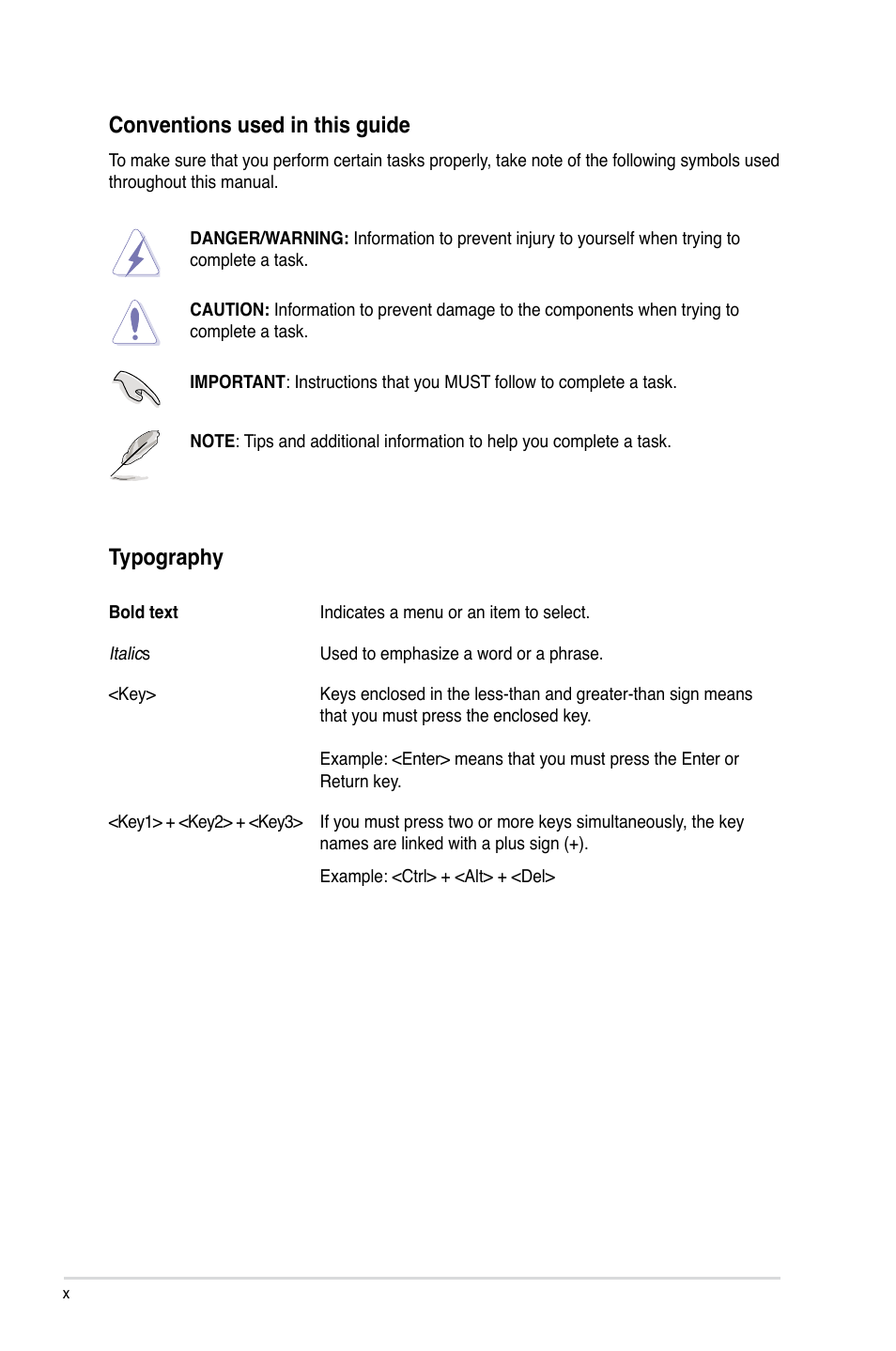 Conventions used in this guide, Typography | Asus M4N98TD EVO User Manual | Page 10 / 118