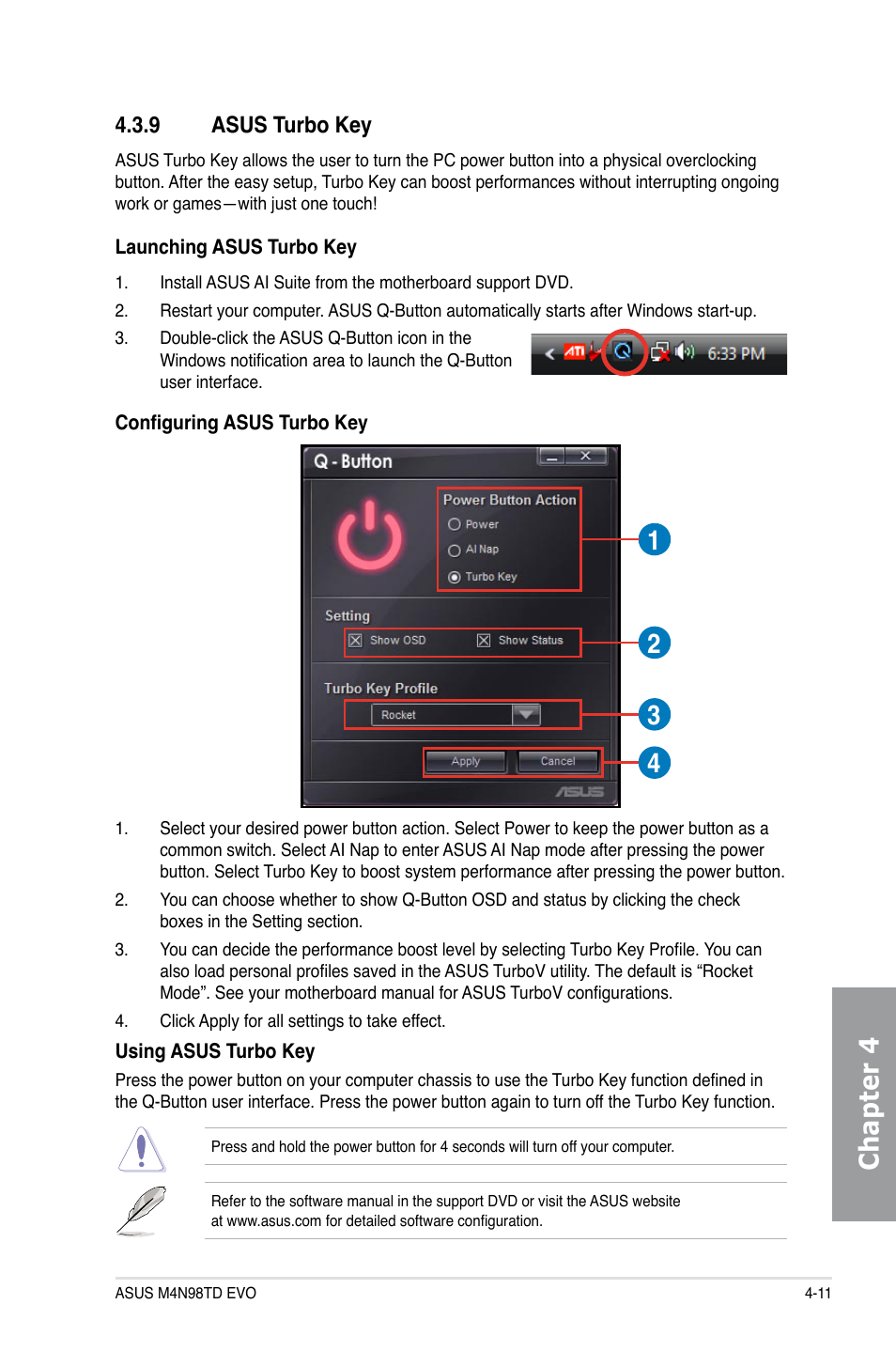 9 asus turbo key, Asus turbo key -11, Chapter 4 | Asus M4N98TD EVO User Manual | Page 101 / 118