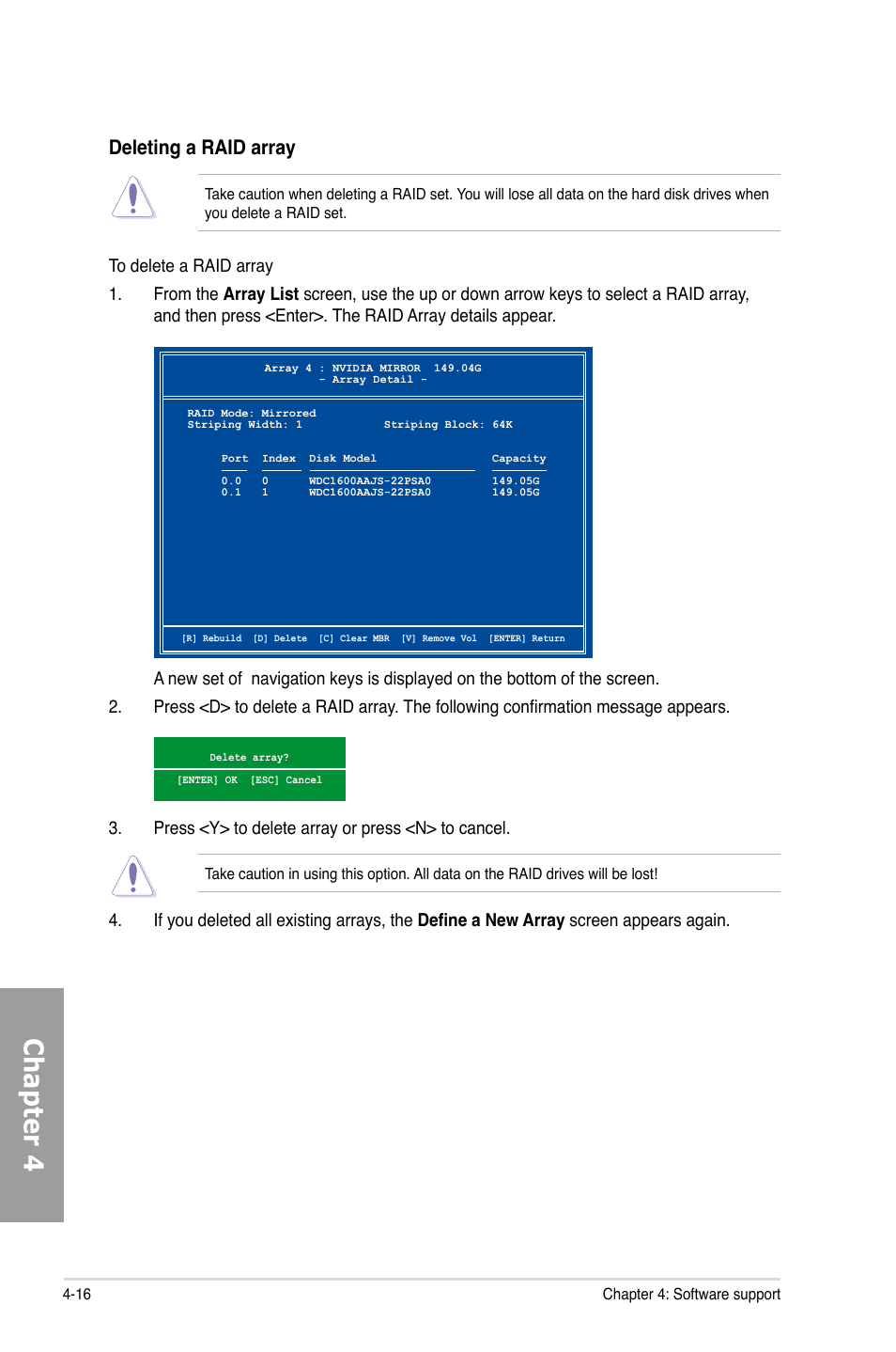 Chapter 4, Deleting a raid array | Asus M4N98TD EVO User Manual | Page 106 / 118