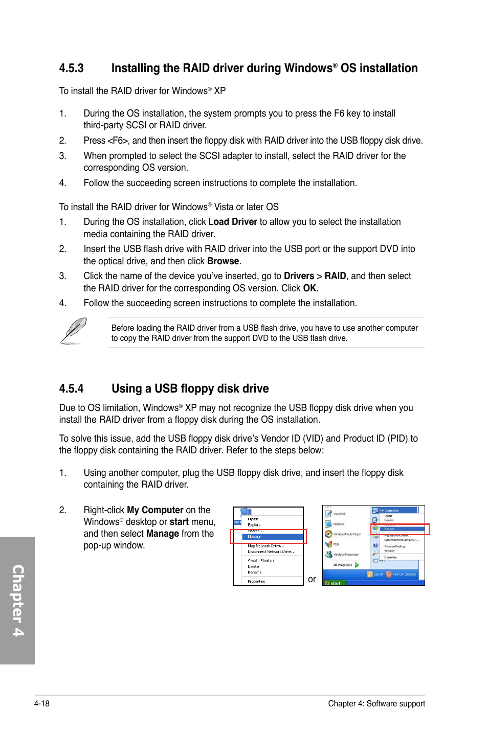 4 using a usb floppy disk drive, Installing the raid driver during windows, Os installation -18 | Using a usb floppy disk drive -18, Chapter 4, 3 installing the raid driver during windows, Os installation | Asus M4N98TD EVO User Manual | Page 108 / 118