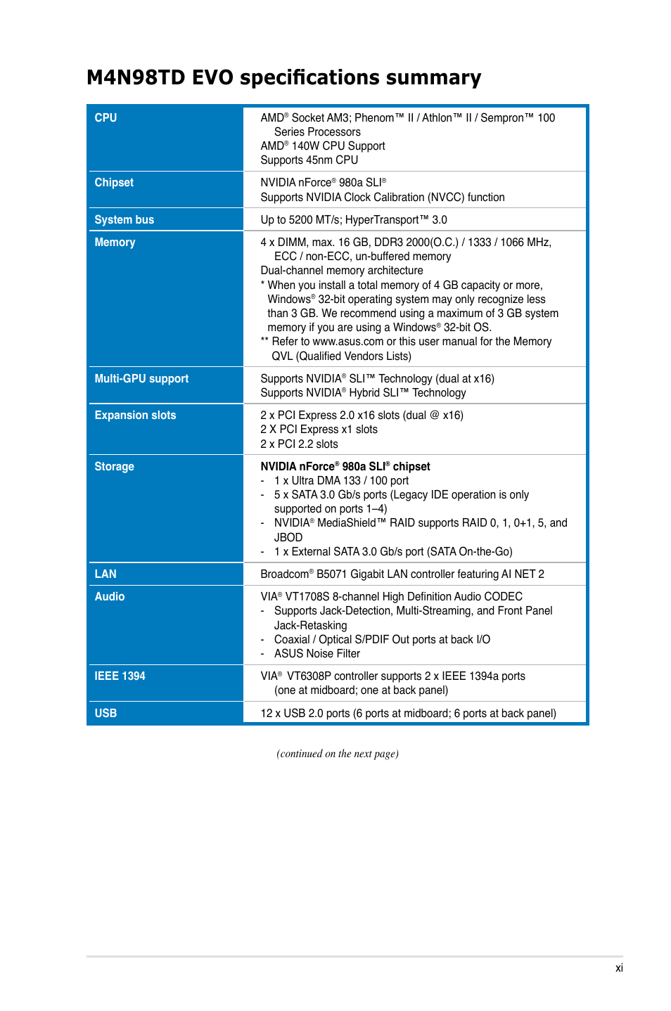 M4n98td evo specifications summary | Asus M4N98TD EVO User Manual | Page 11 / 118