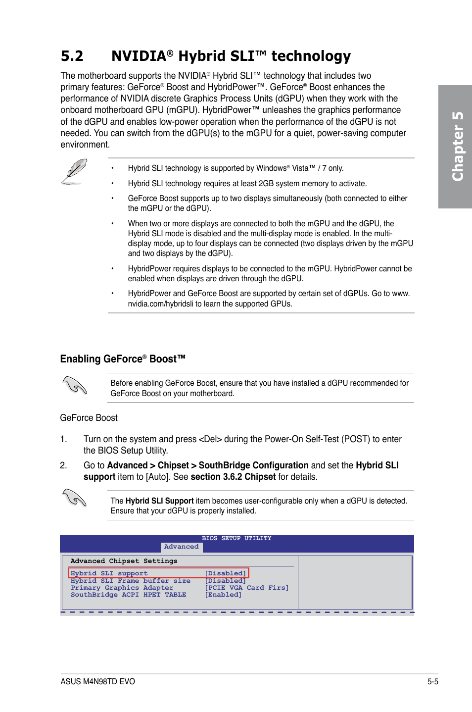 2 nvidia® hybrid sli™ technology, Nvidia, Hybrid sli™ technology -5 | Chapter 5 5.2 nvidia, Hybrid sli™ technology, Enabling geforce, Boost | Asus M4N98TD EVO User Manual | Page 115 / 118