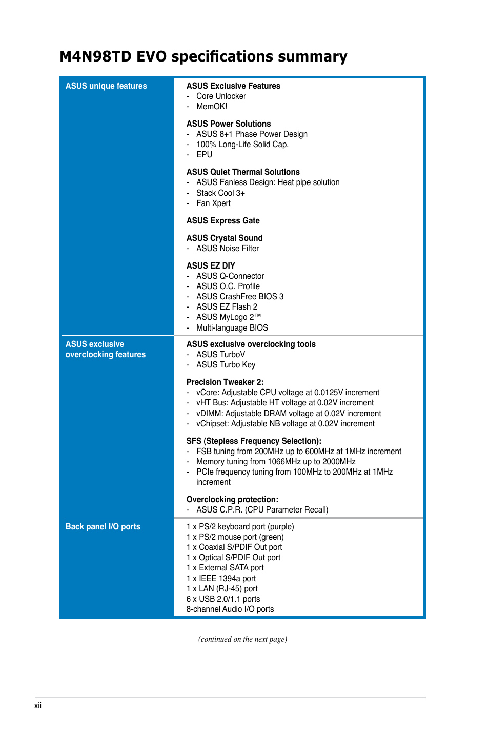 M4n98td evo specifications summary | Asus M4N98TD EVO User Manual | Page 12 / 118