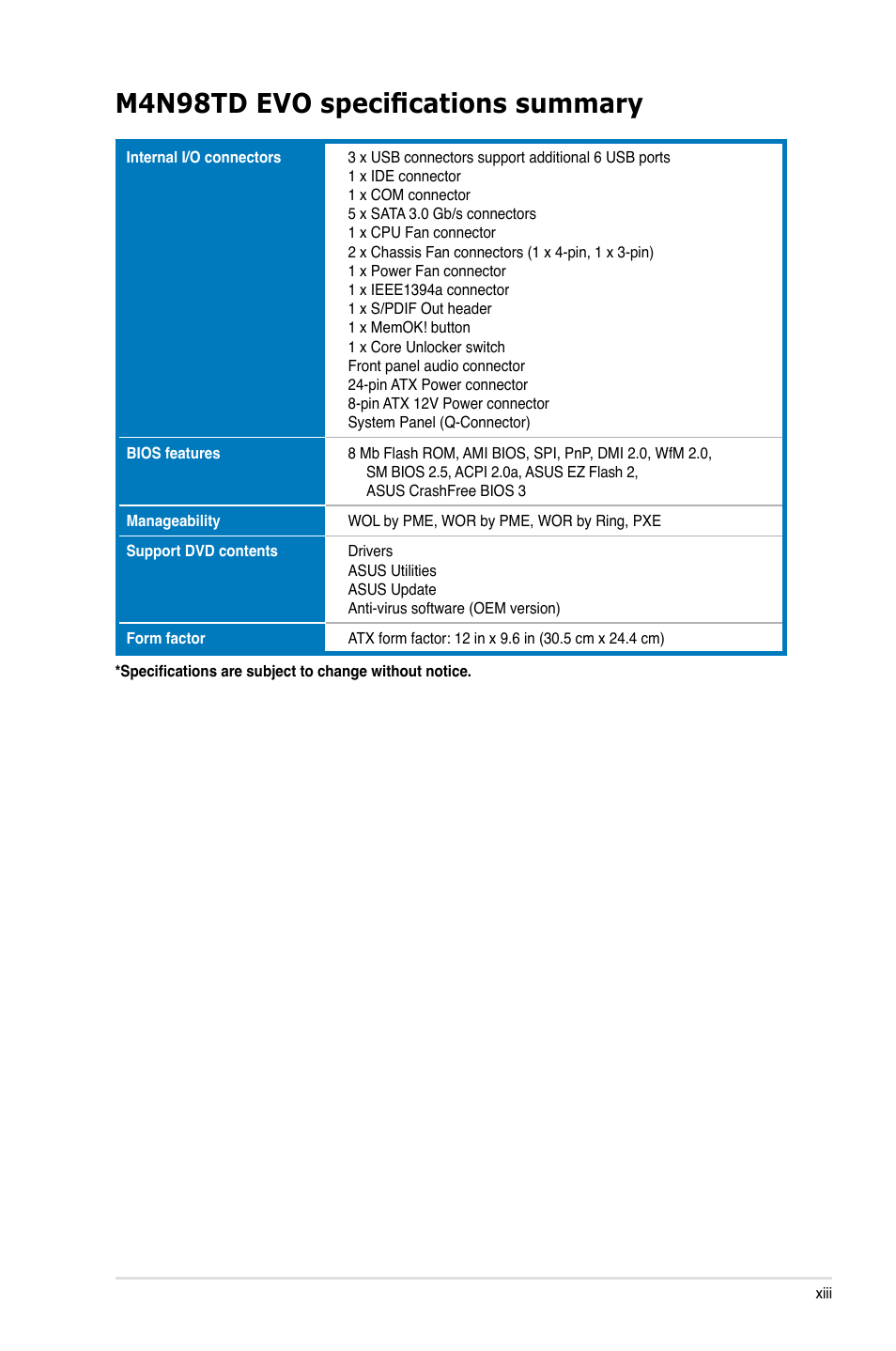 M4n98td evo specifications summary | Asus M4N98TD EVO User Manual | Page 13 / 118