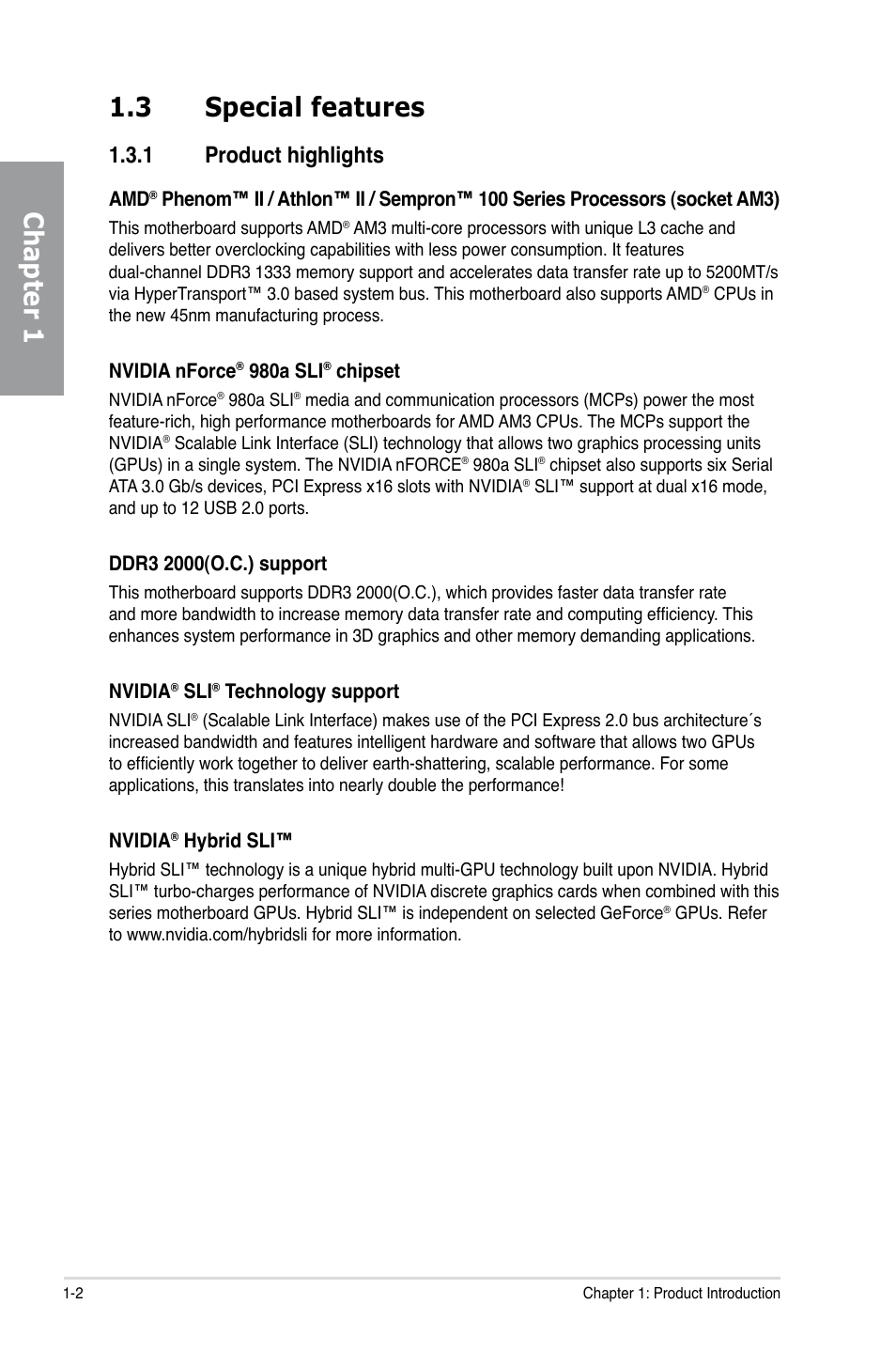 3 special features, 1 product highlights, Special features -2 1.3.1 | Product highlights -2, Chapter 1 1.3 special features | Asus M4N98TD EVO User Manual | Page 16 / 118