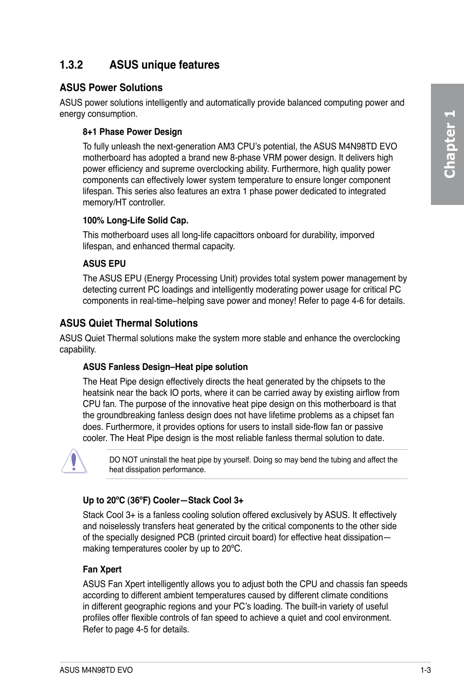 2 asus unique features, Asus unique features -3, Chapter 1 | Asus M4N98TD EVO User Manual | Page 17 / 118