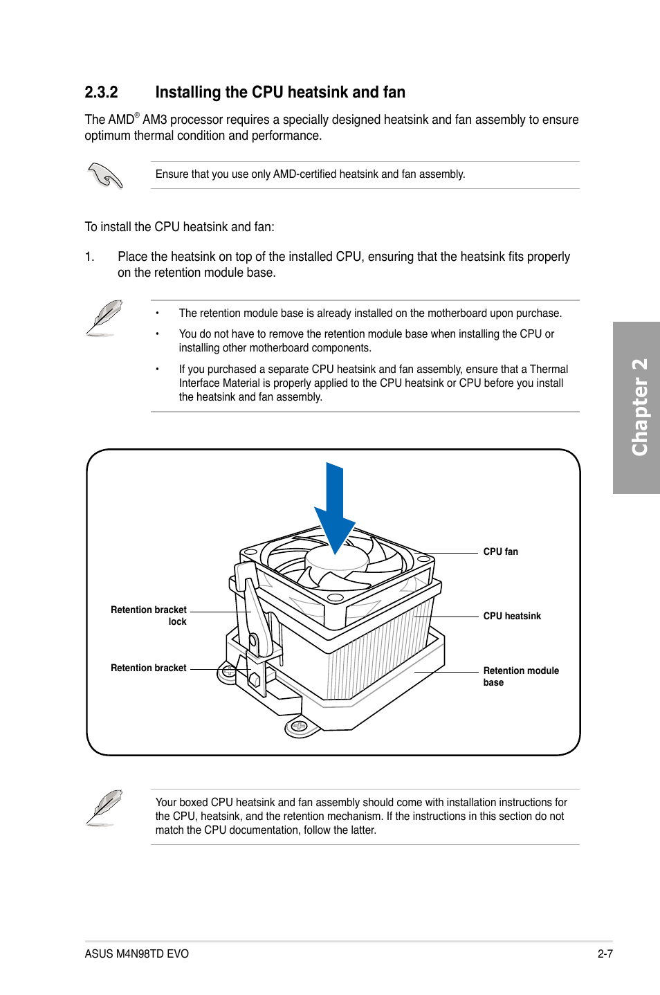 2 installing the cpu heatsink and fan, Installing the cpu heatsink and fan -7, Chapter 2 | Asus M4N98TD EVO User Manual | Page 25 / 118