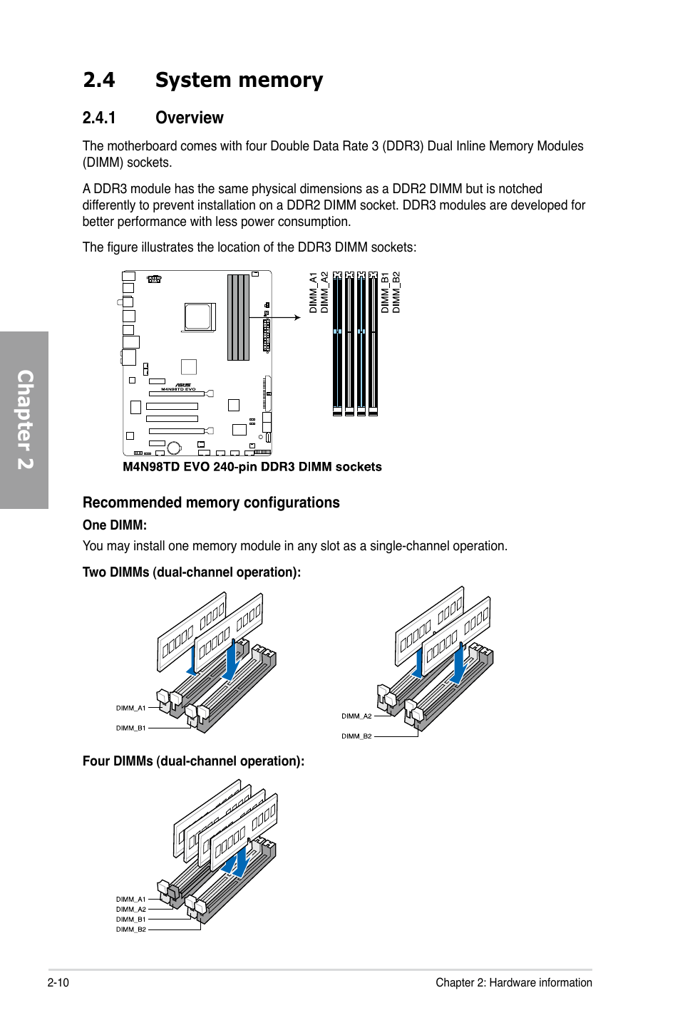 4 system memory, 1 overview, System memory -10 2.4.1 | Overview -10 | Asus M4N98TD EVO User Manual | Page 28 / 118