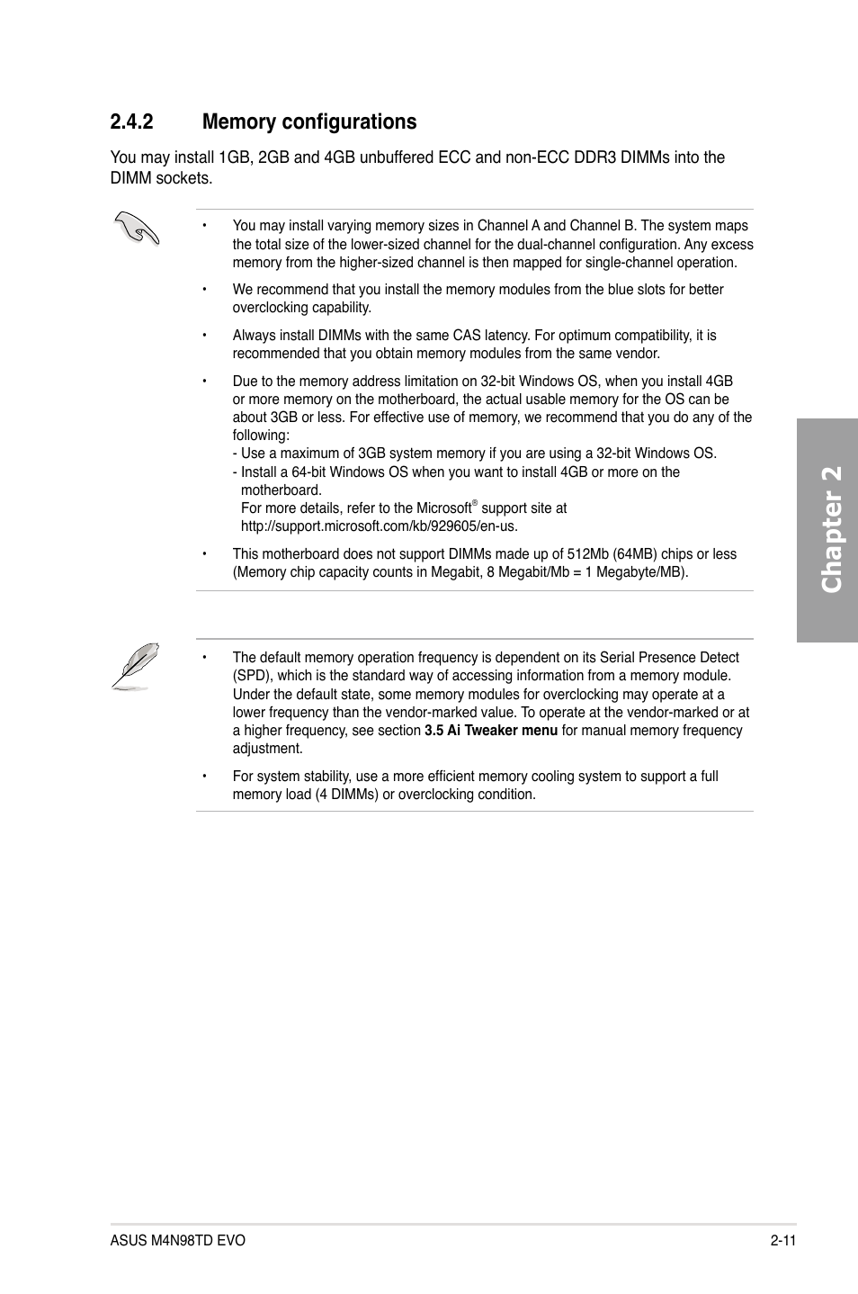 2 memory configurations, Memory configurations -11, Chapter 2 | Asus M4N98TD EVO User Manual | Page 29 / 118