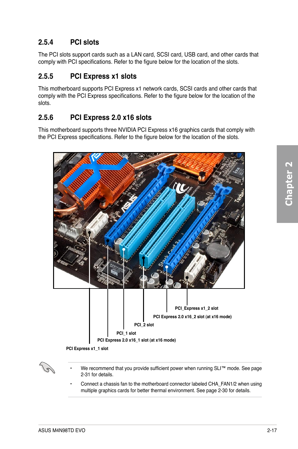 4 pci slots, 5 pci express x1 slots, 6 pci express 2.0 x16 slots | Pci slots -17, Pci express x1 slots -17, Pci express 2.0 x16 slots -17, Chapter 2 | Asus M4N98TD EVO User Manual | Page 35 / 118