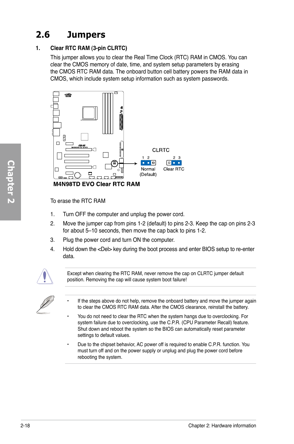 6 jumpers, Jumpers -18, Chapter 2 2.6 jumpers | Asus M4N98TD EVO User Manual | Page 36 / 118