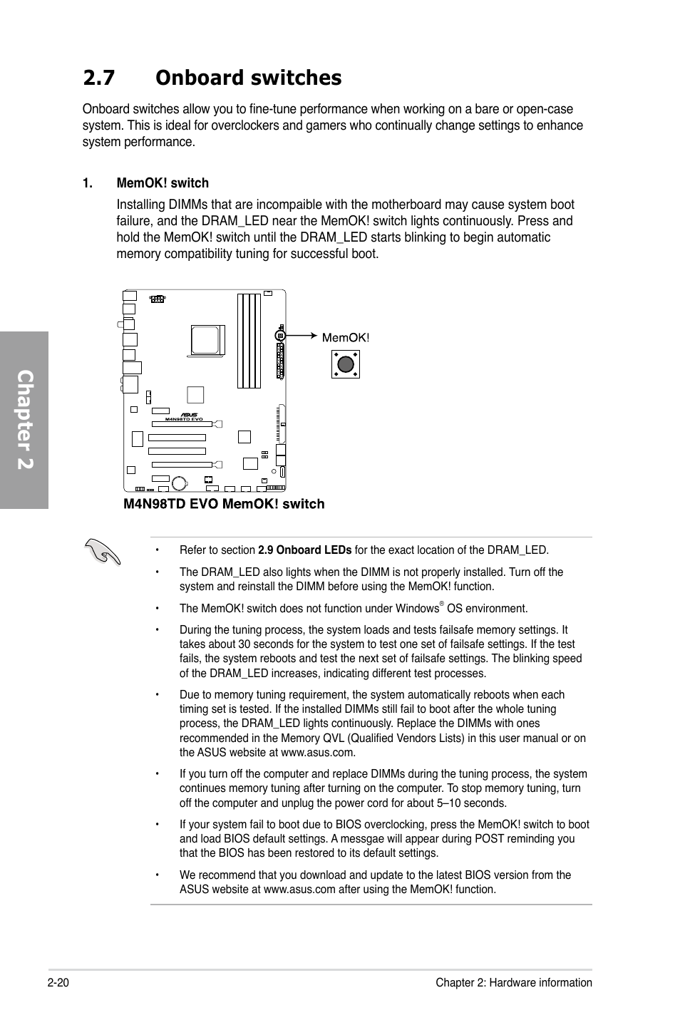 7 onboard switches, Onboard switches -20, Chapter 2 2.7 onboard switches | Asus M4N98TD EVO User Manual | Page 38 / 118