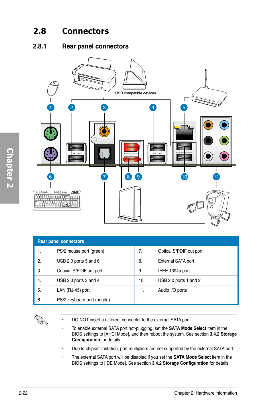 8 connectors, 1 rear panel connectors, Connectors -22 2.8.1 | Rear panel connectors -22, Chapter 2 2.8 connectors | Asus M4N98TD EVO User Manual | Page 40 / 118