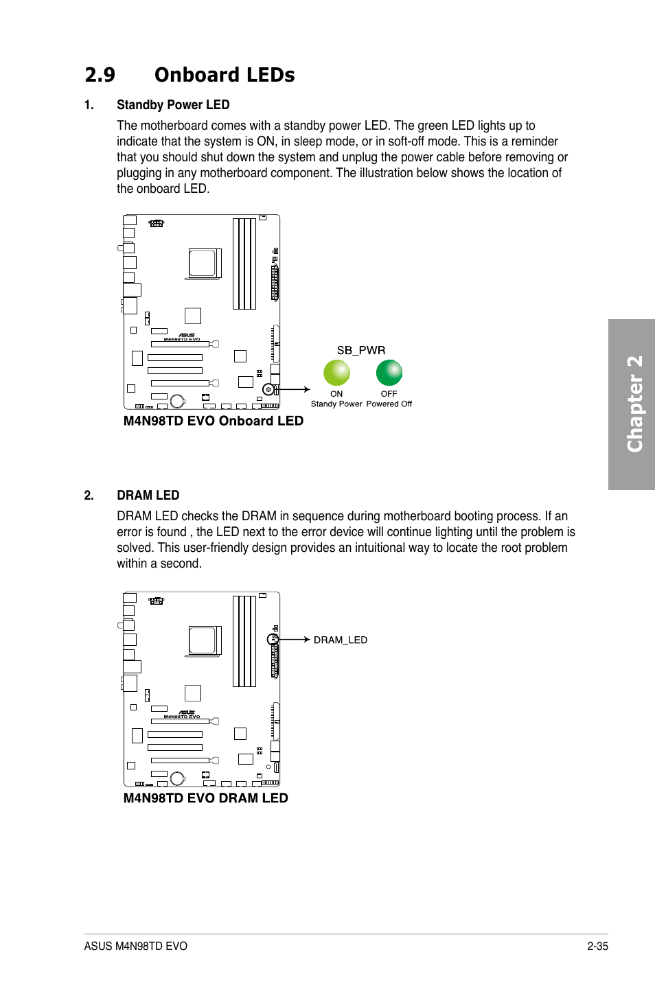 9 onboard leds, Onboard leds -35, Chapter 2 2.9 onboard leds | Asus M4N98TD EVO User Manual | Page 53 / 118