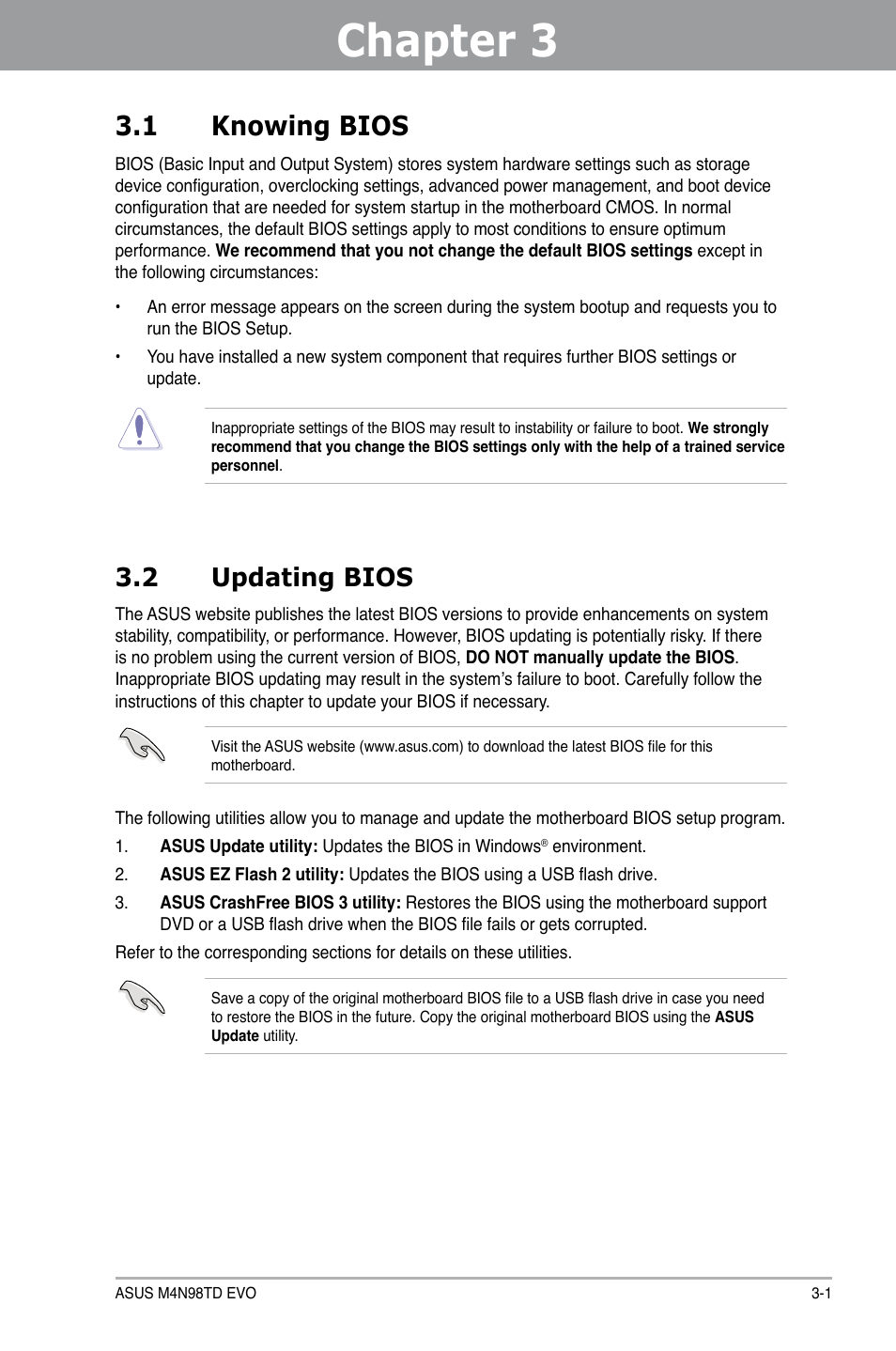 Chapter 3: bios setup, 1 knowing bios, 2 updating bios | Chapter 3, Bios setup, Knowing bios -1, Updating bios -1 | Asus M4N98TD EVO User Manual | Page 57 / 118