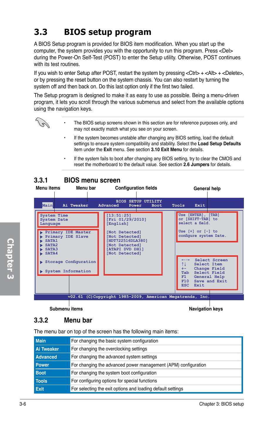 3 bios setup program, 1 bios menu screen, 2 menu bar | Bios setup program -6 3.3.1, Bios menu screen -6, Menu bar -6, Chapter 3 3.3 bios setup program, 1 bios menu screen 3.3.2 menu bar | Asus M4N98TD EVO User Manual | Page 62 / 118