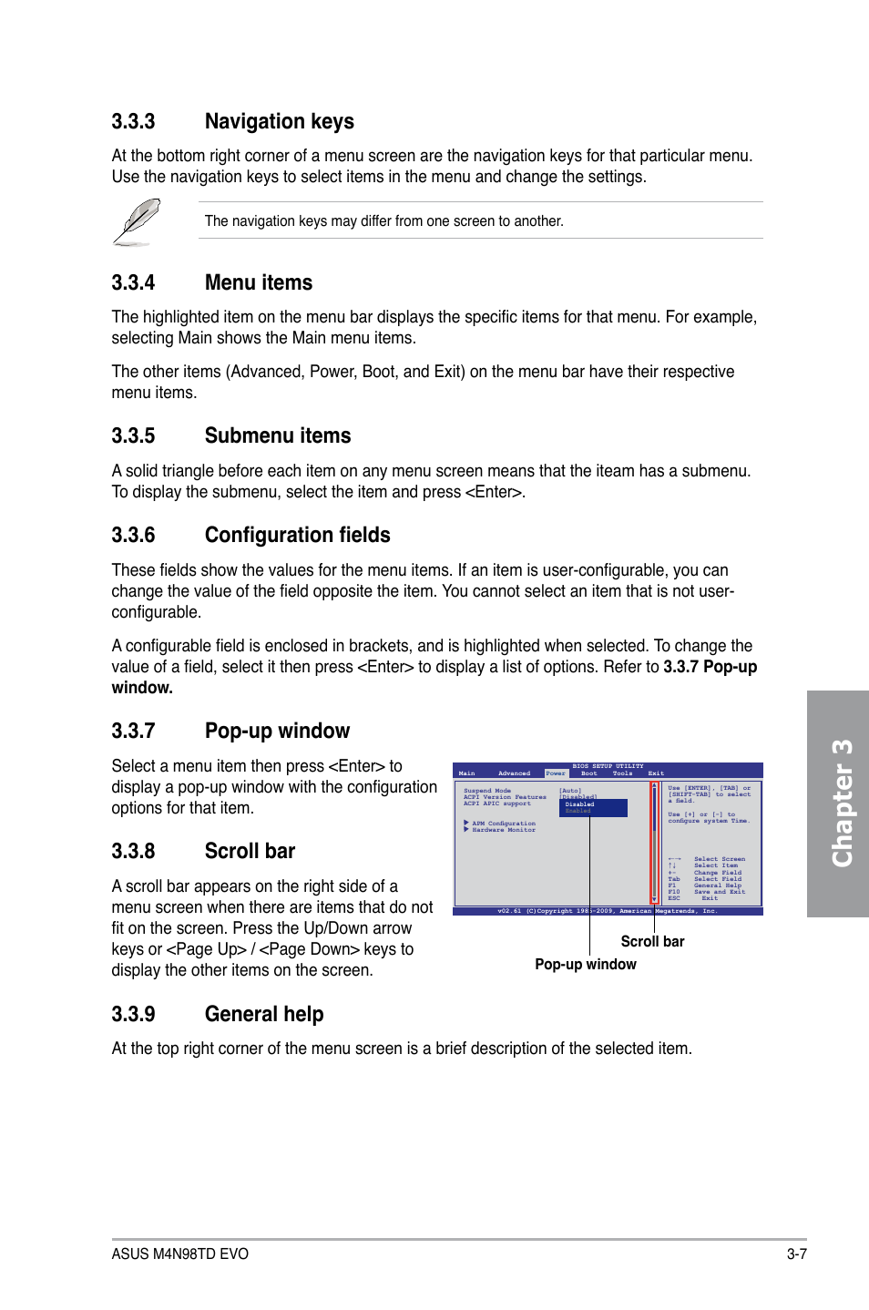 3 navigation keys, 4 menu items, 5 submenu items | 6 configuration fields, 7 pop-up window, 8 scroll bar, 9 general help, Navigation keys -7, Menu items -7, Submenu items -7 | Asus M4N98TD EVO User Manual | Page 63 / 118