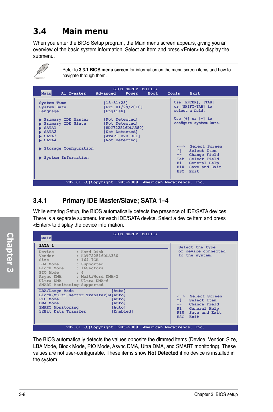 4 main menu, 1 primary ide master/slave; sata 1–4, Main menu -8 3.4.1 | Primary ide master/slave; sata 1–4 -8, Chapter 3 3.4 main menu | Asus M4N98TD EVO User Manual | Page 64 / 118