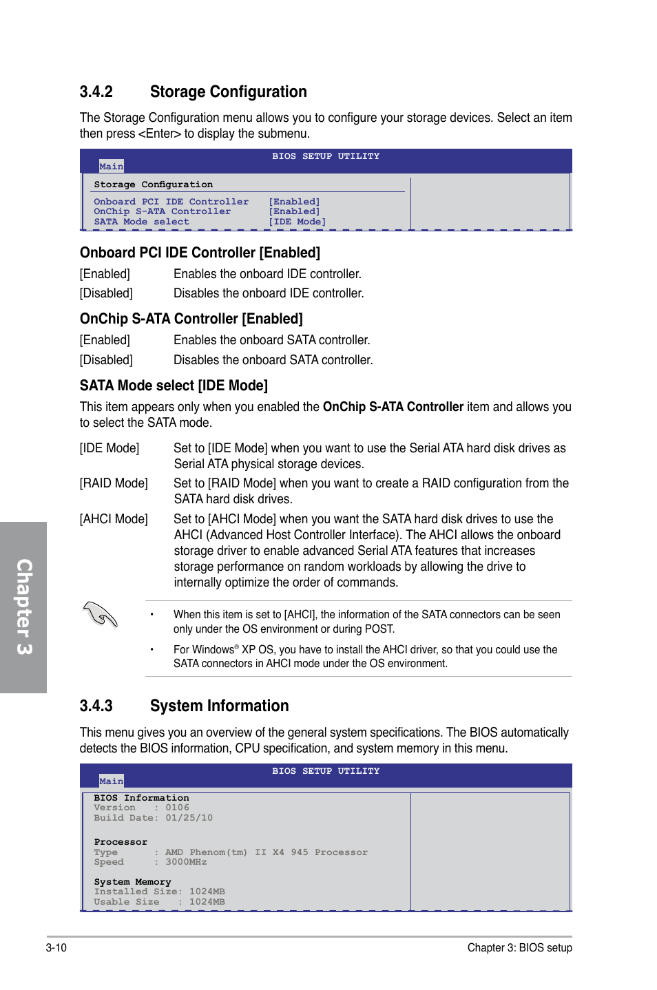 2 storage configuration, 3 system information, Storage configuration -10 | System information -10, Chapter 3, Onboard pci ide controller [enabled, Onchip s-ata controller [enabled, Sata mode select [ide mode | Asus M4N98TD EVO User Manual | Page 66 / 118