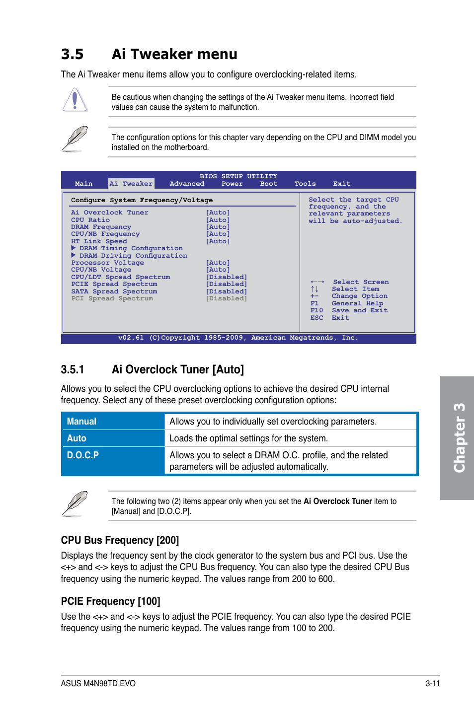 5 ai tweaker menu, 1 ai overclock tuner [auto, Ai tweaker menu -11 3.5.1 | Ai overclock tuner -11, Chapter 3, Cpu bus frequency [200, Pcie frequency [100 | Asus M4N98TD EVO User Manual | Page 67 / 118