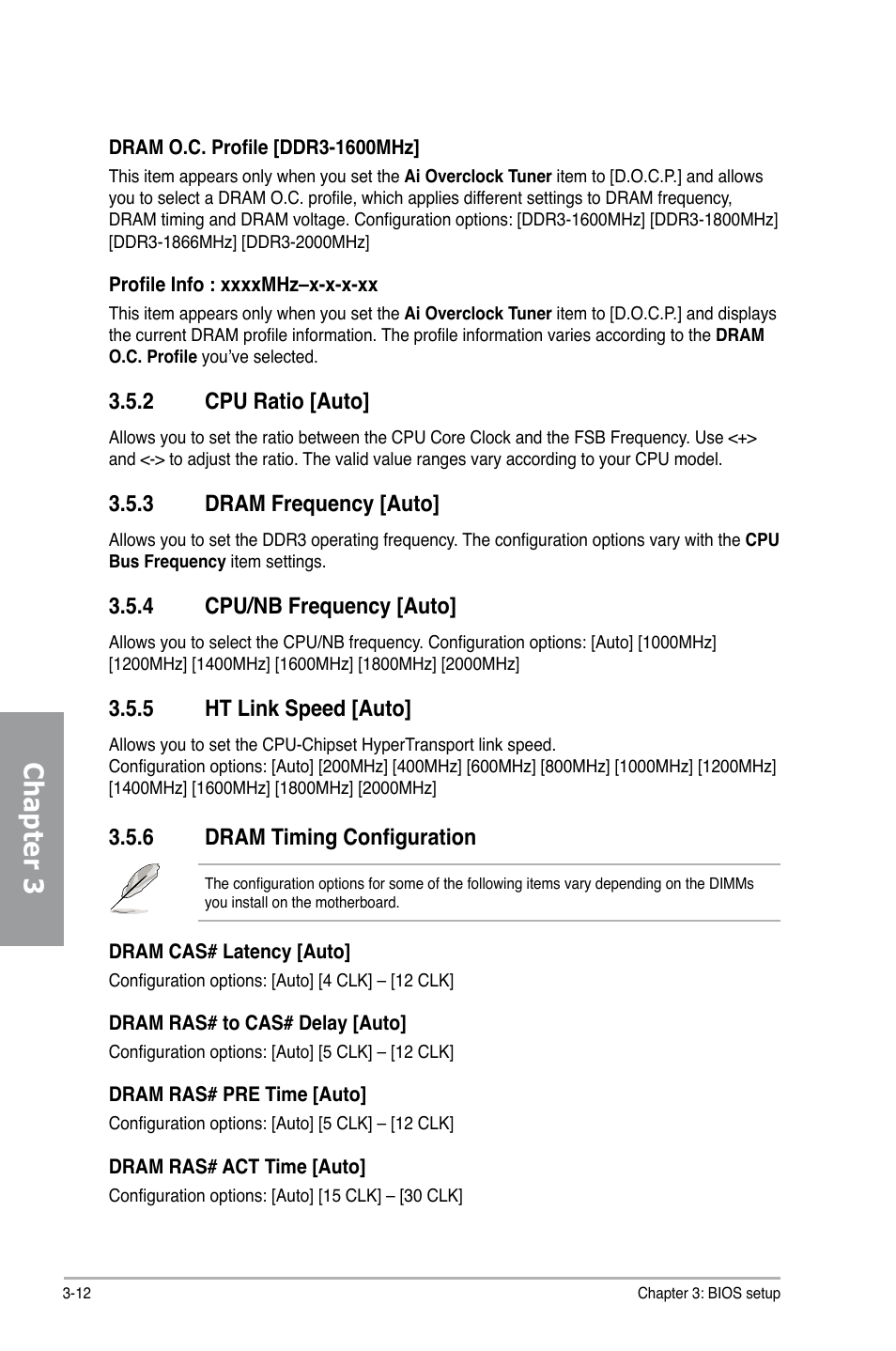 6 dram timing configuration, 2 cpu ratio [auto, 3 dram frequency [auto | 4 cpu/nb frequency [auto, 5 ht link speed [auto, Dram timing configuration -12, Cpu ratio -12, Dram frequency -12, Cpu/nb frequency -12, Ht link speed -12 | Asus M4N98TD EVO User Manual | Page 68 / 118