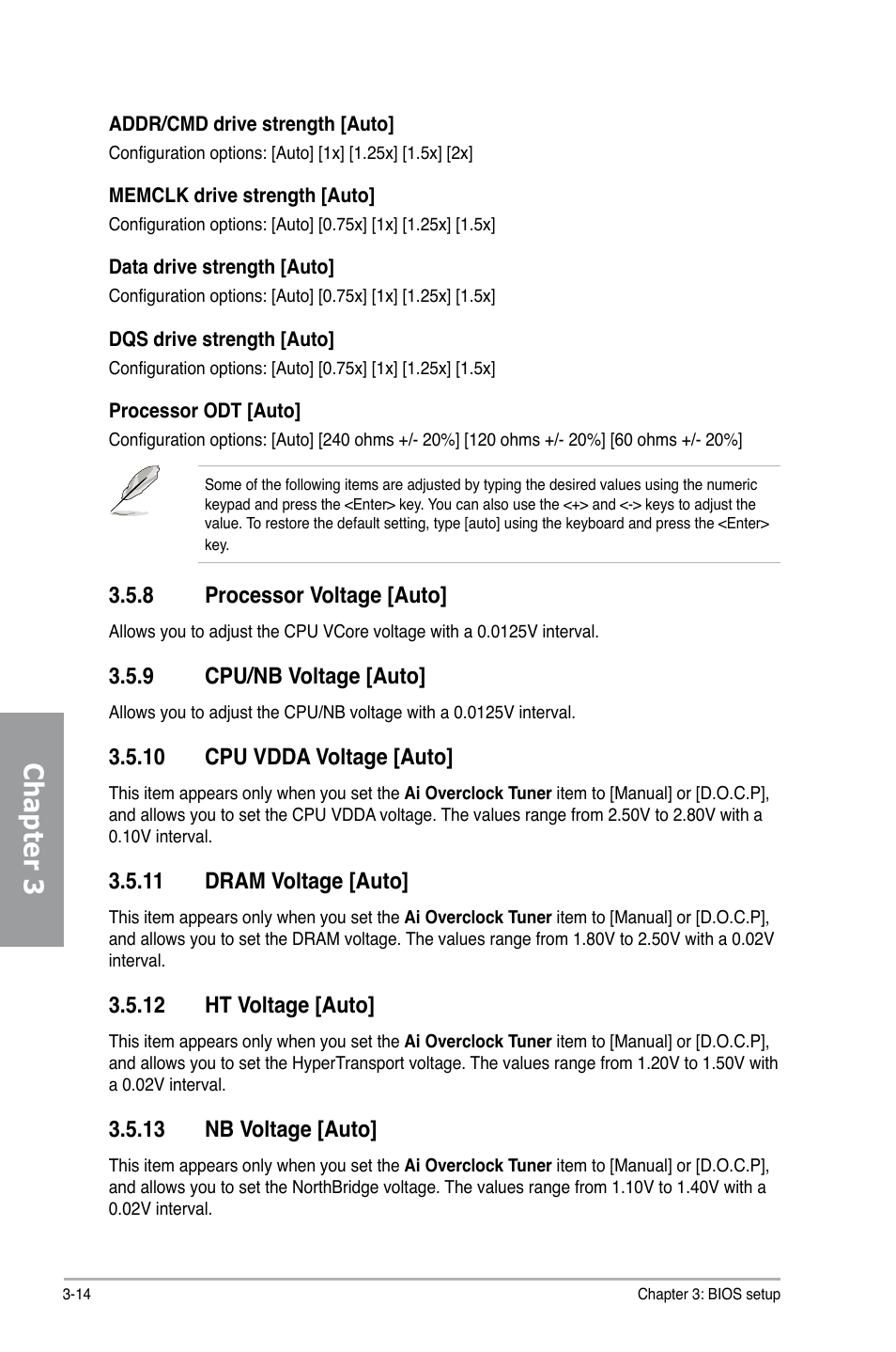 8 processor voltage [auto, 9 cpu/nb voltage [auto, 10 cpu vdda voltage [auto | 11 dram voltage [auto, 12 ht voltage [auto, 13 nb voltage [auto, Processor voltage -14, Cpu/nb voltage -14, Cpu vdda voltage -14, Dram voltage -14 | Asus M4N98TD EVO User Manual | Page 70 / 118