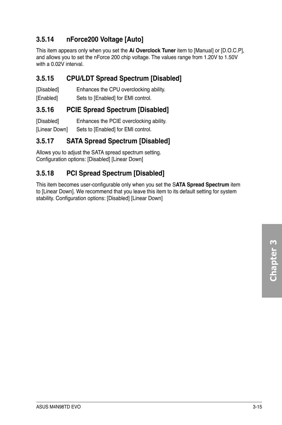 14 nforce200 voltage [auto, 15 cpu/ldt spread spectrum [disabled, 16 pcie spread spectrum [disabled | 17 sata spread spectrum [disabled, 18 pci spread spectrum [disabled, Nforce200 voltage -15, Cpu/ldt spread spectrum -15, Pcie spread spectrum -15, Sata spread spectrum -15, Pci spread spectrum -15 | Asus M4N98TD EVO User Manual | Page 71 / 118