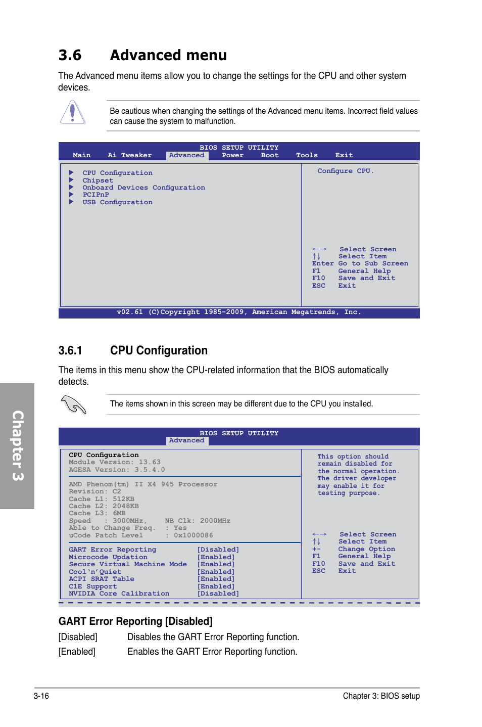 6 advanced menu, 1 cpu configuration, Advanced menu -16 3.6.1 | Cpu configuration -16, Chapter 3, Gart error reporting [disabled | Asus M4N98TD EVO User Manual | Page 72 / 118