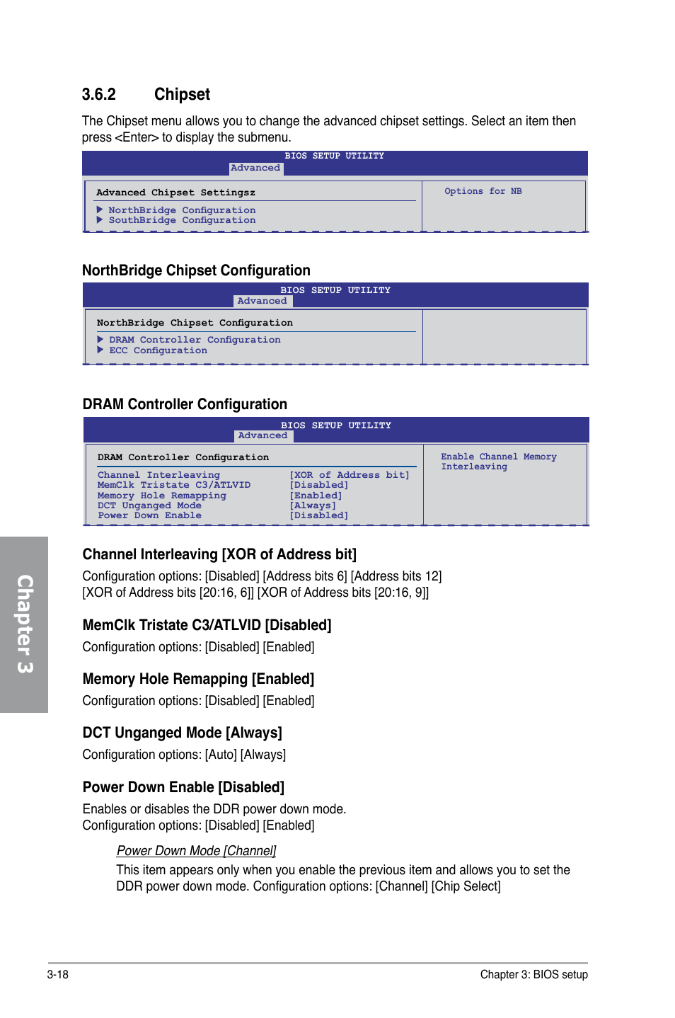 2 chipset, Chipset -18, Chapter 3 | Northbridge chipset configuration, Dram controller configuration, Channel interleaving [xor of address bit, Memclk tristate c3/atlvid [disabled, Dct unganged mode [always, Power down enable [disabled | Asus M4N98TD EVO User Manual | Page 74 / 118