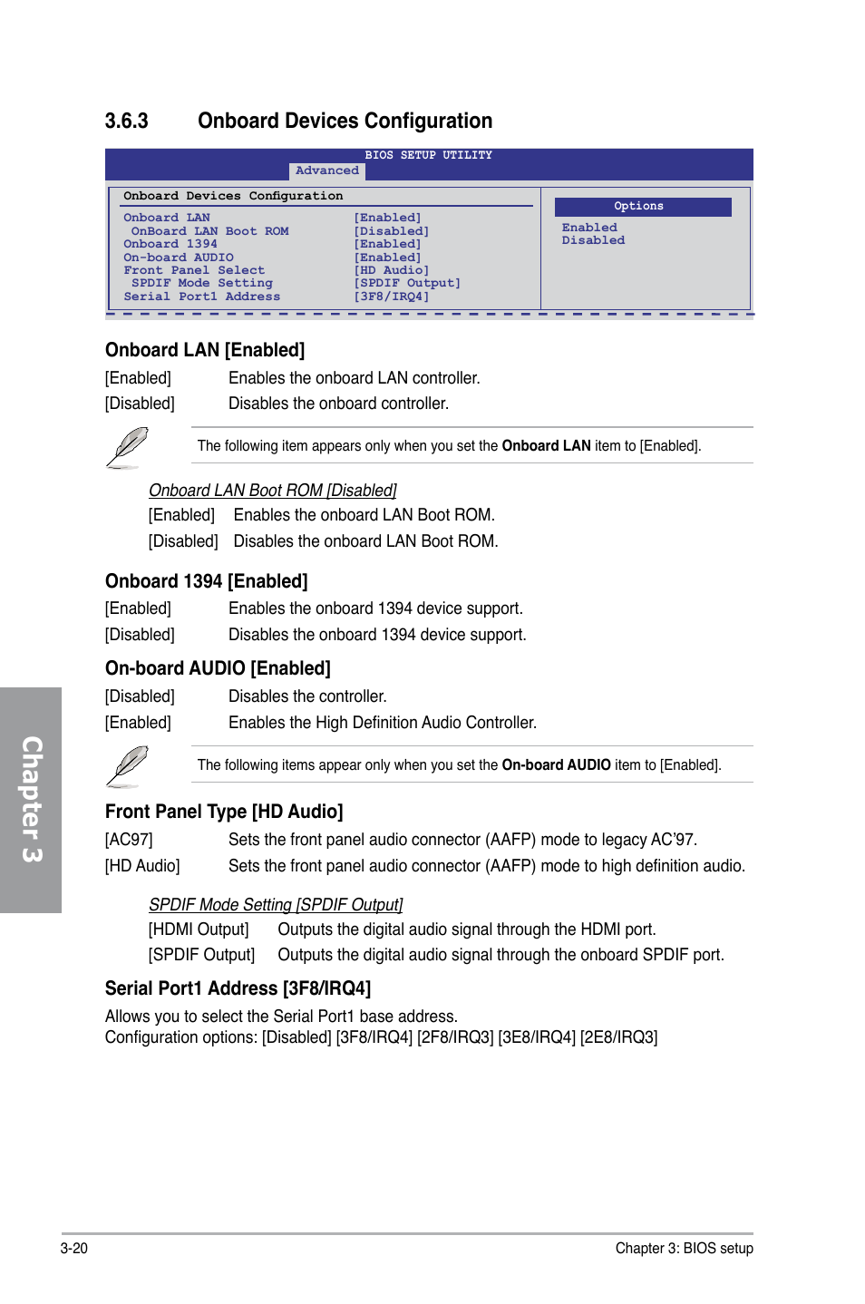 3 onboard devices configuration, Onboard devices configuration -20, Chapter 3 | Onboard lan [enabled, Onboard 1394 [enabled, On-board audio [enabled, Front panel type [hd audio, Serial port1 address [3f8/irq4 | Asus M4N98TD EVO User Manual | Page 76 / 118