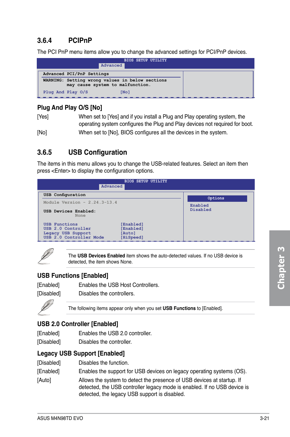 4 pcipnp, 5 usb configuration, Pcipnp -21 | Usb configuration -21, Chapter 3, Usb functions [enabled, Usb 2.0 controller [enabled, Legacy usb support [enabled, Plug and play o/s [no | Asus M4N98TD EVO User Manual | Page 77 / 118