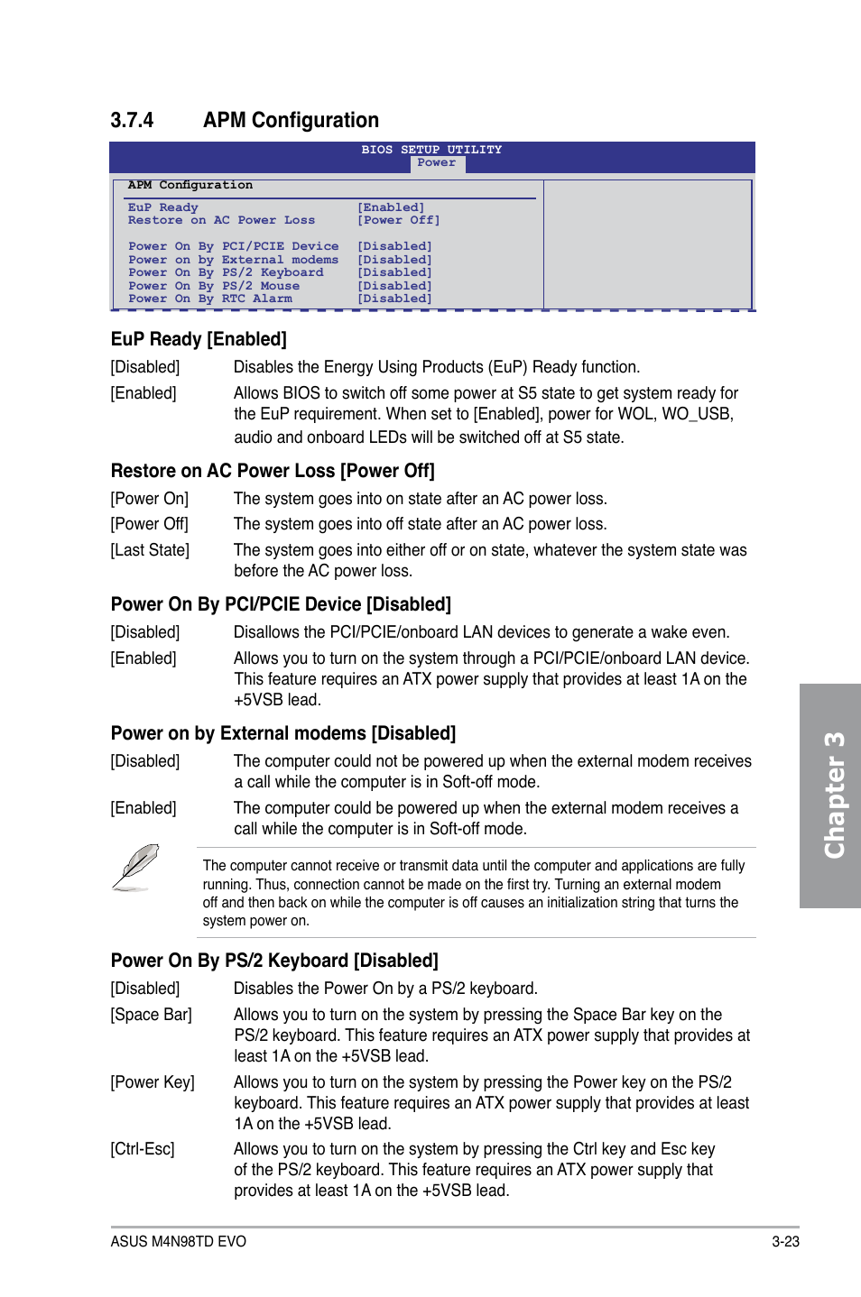 4 apm configuration, Apm configuration -23, Chapter 3 | Asus M4N98TD EVO User Manual | Page 79 / 118