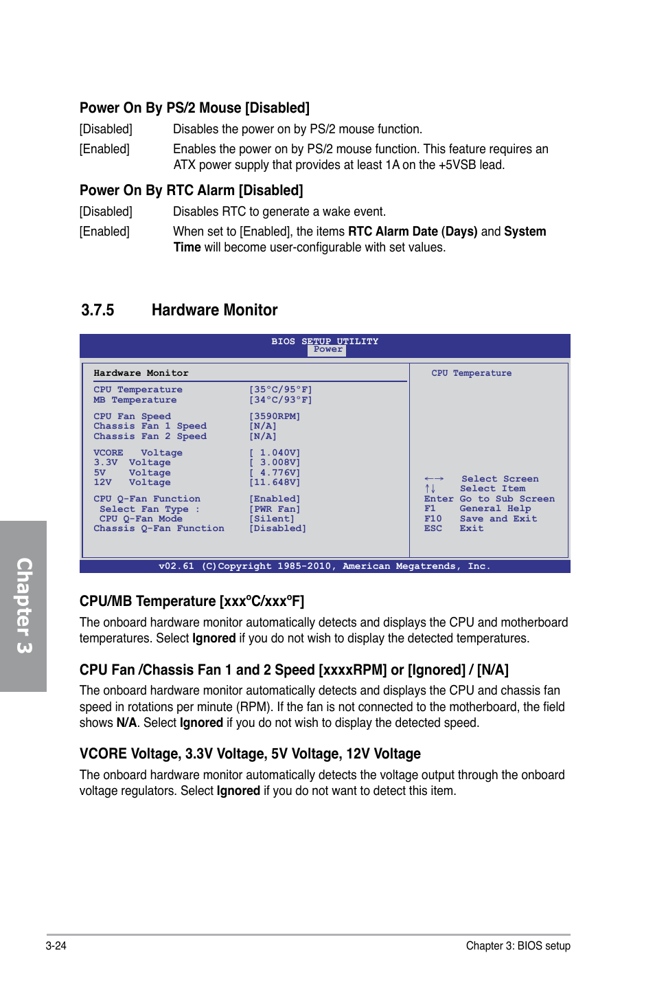 5 hardware monitor, Hardware monitor -24, Chapter 3 | Cpu/mb temperature [xxxºc/xxxºf, Power on by ps/2 mouse [disabled, Power on by rtc alarm [disabled | Asus M4N98TD EVO User Manual | Page 80 / 118