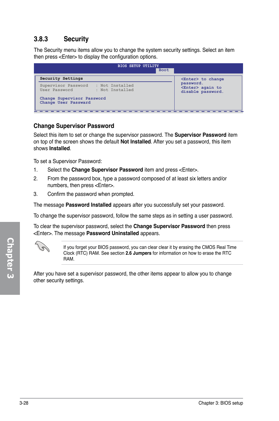 3 security, Security -28, Chapter 3 | Change supervisor password | Asus M4N98TD EVO User Manual | Page 84 / 118