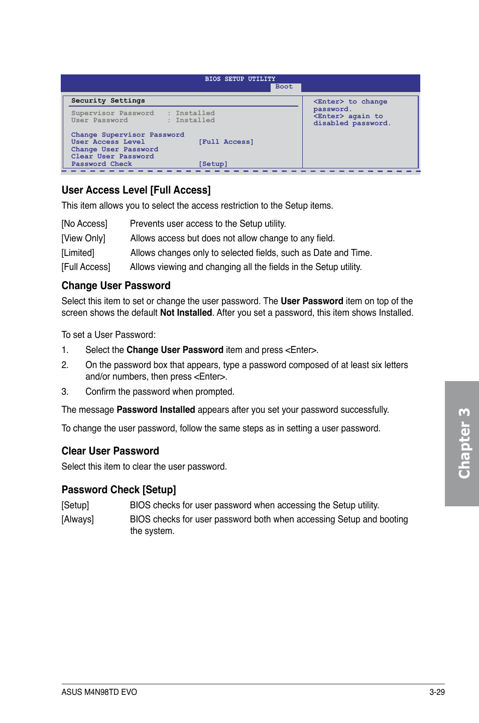 Chapter 3, User access level [full access, Change user password | Clear user password, Password check [setup | Asus M4N98TD EVO User Manual | Page 85 / 118