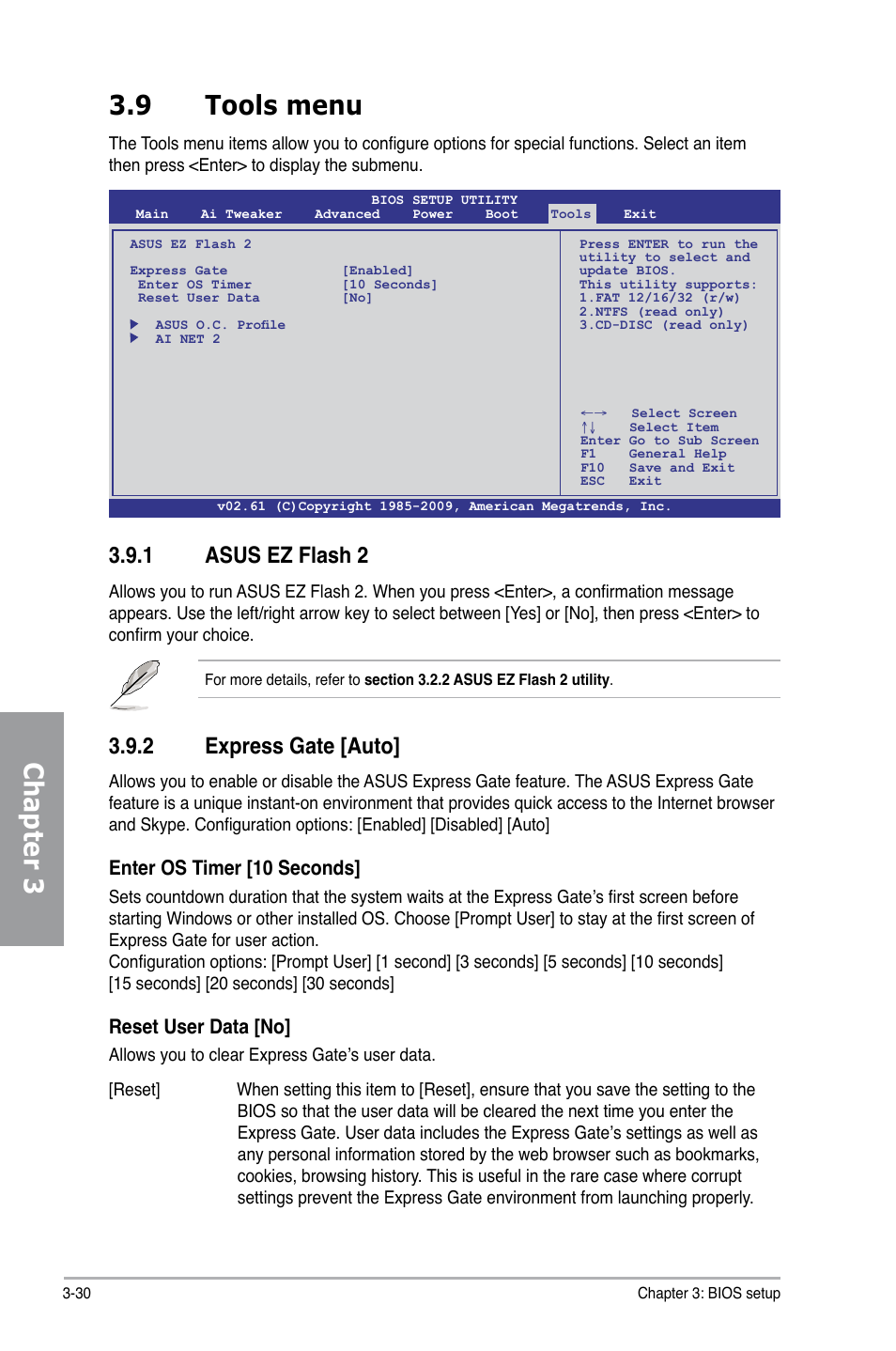 9 tools menu, 1 asus ez flash 2, 2 express gate [auto | Tools menu -30 3.9.1, Asus ez flash 2 -30, Express gate -30, Chapter 3 3.9 tools menu, Enter os timer [10 seconds, Reset user data [no | Asus M4N98TD EVO User Manual | Page 86 / 118