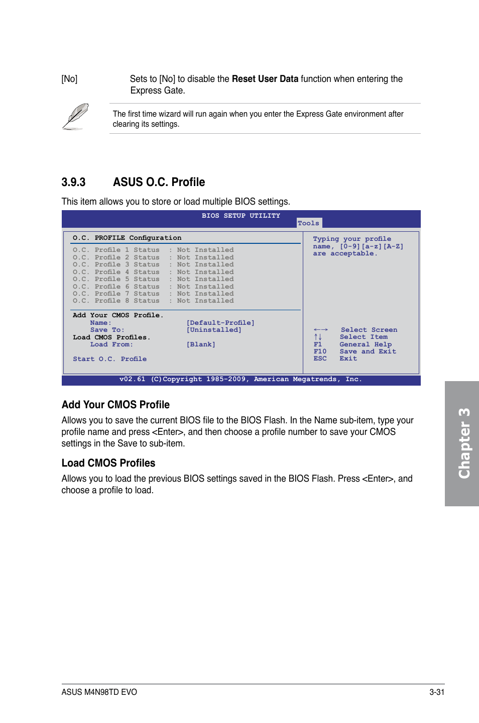 3 asus o.c. profile, Asus o.c. profile -31, Chapter 3 | Add your cmos profile, Load cmos profiles | Asus M4N98TD EVO User Manual | Page 87 / 118