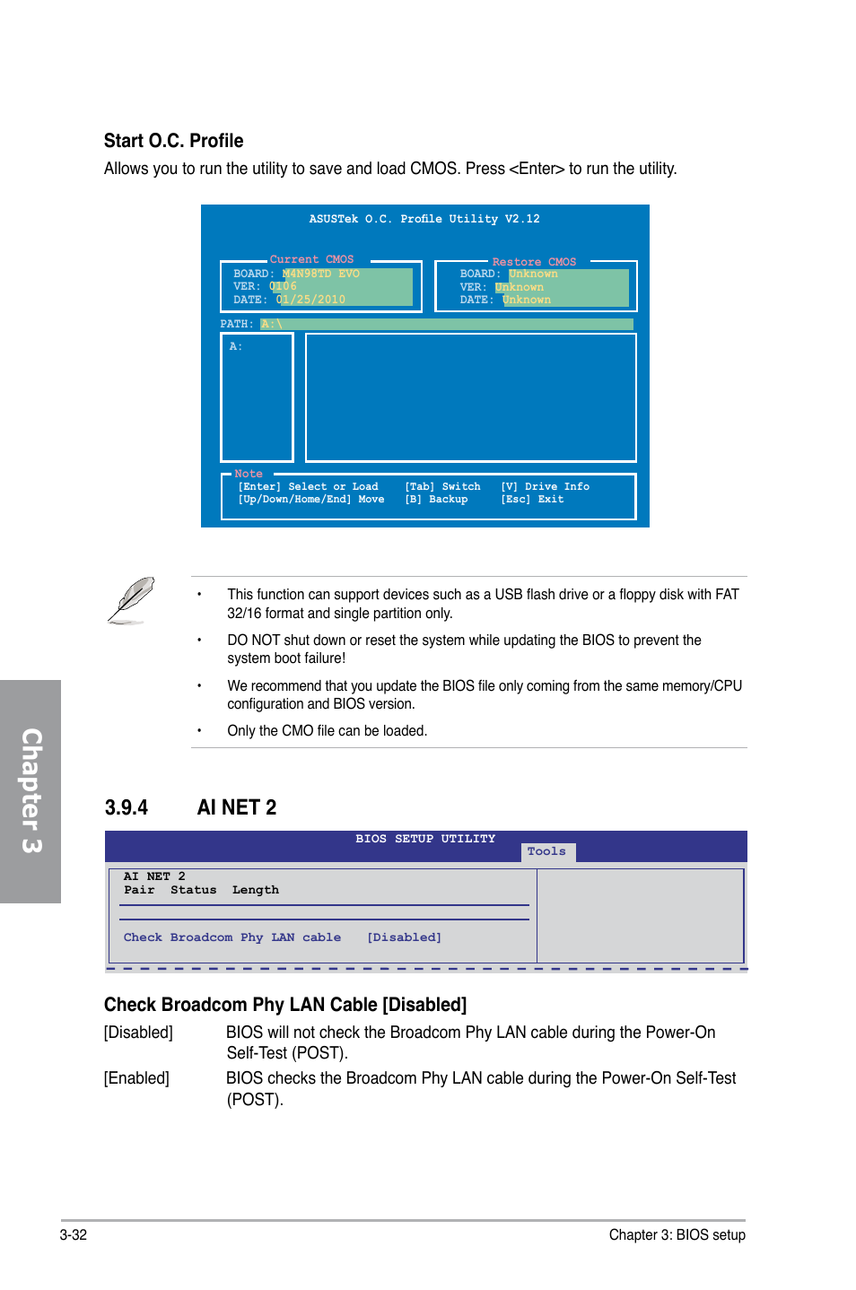 4 ai net 2, Ai net 2 -32, Chapter 3 | Start o.c. profile, Check broadcom phy lan cable [disabled | Asus M4N98TD EVO User Manual | Page 88 / 118