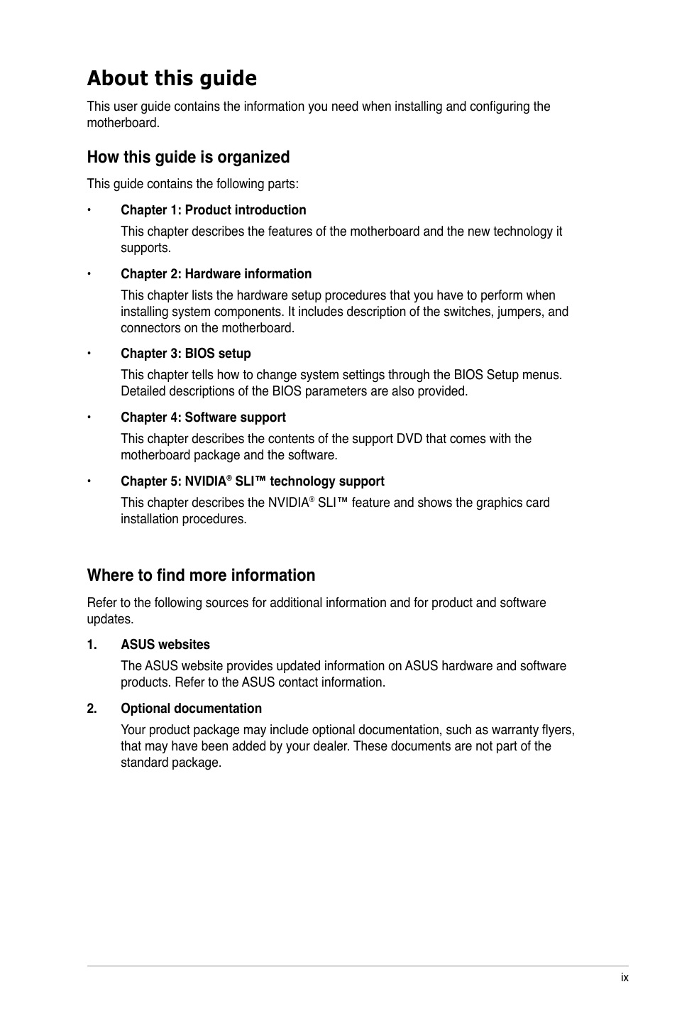 About this guide, How this guide is organized, Where to find more information | Asus M4N98TD EVO User Manual | Page 9 / 118