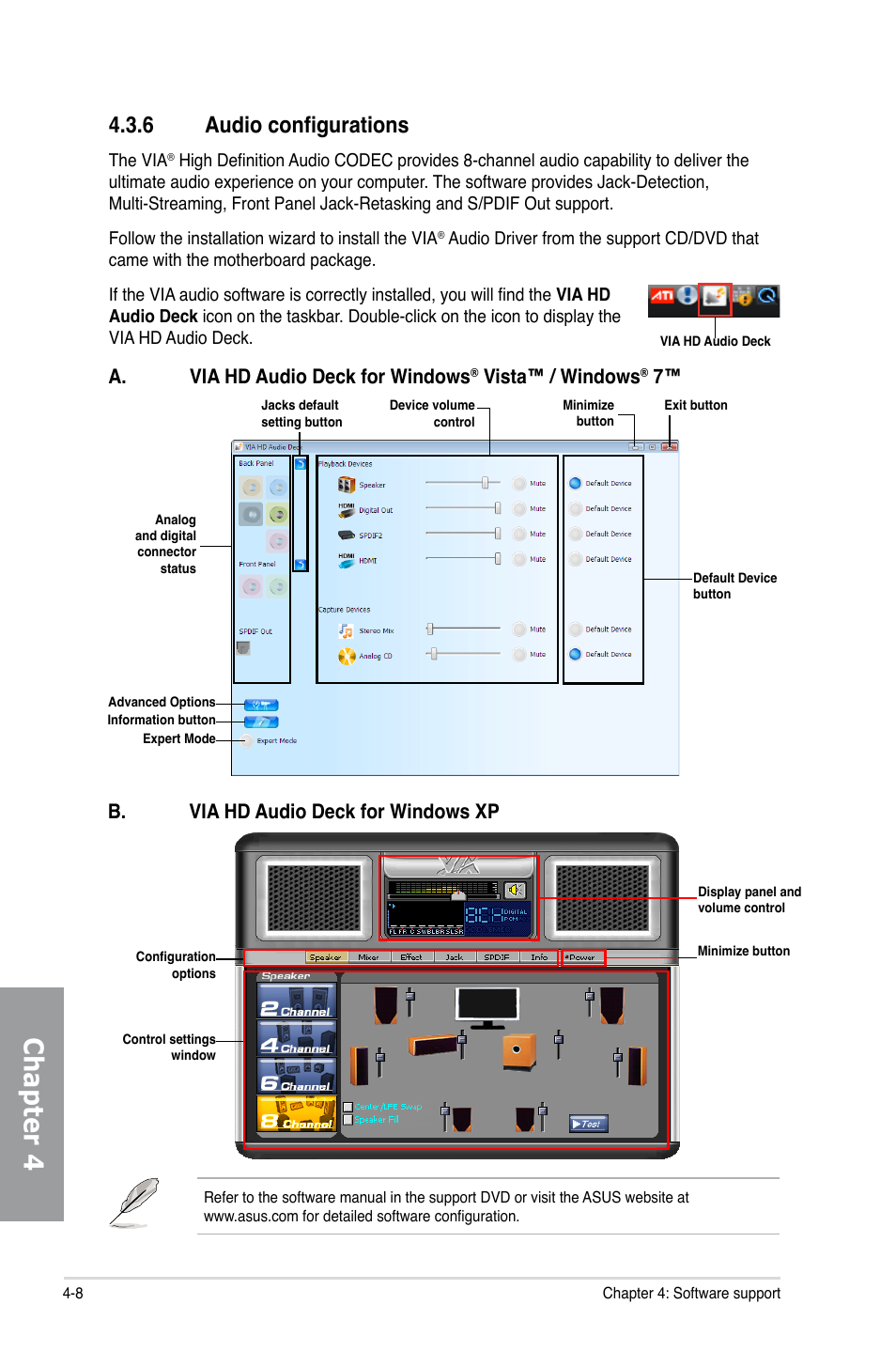 6 audio configurations, Audio configurations -8, Chapter 4 | A. via hd audio deck for windows, Vista™ / windows, B. via hd audio deck for windows xp | Asus M4N98TD EVO User Manual | Page 98 / 118