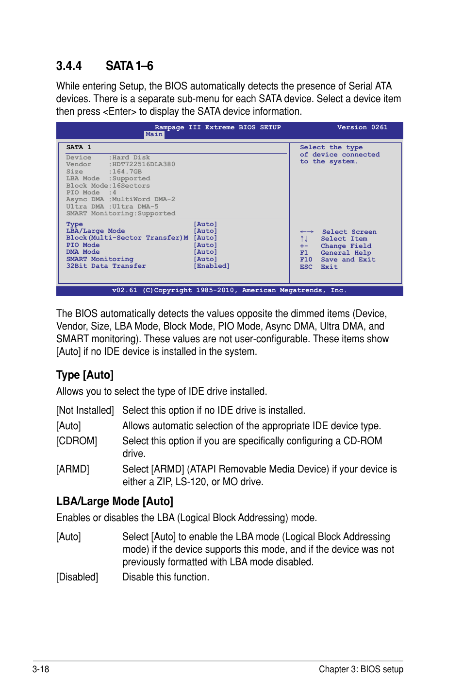 4 sata 1–6, Type �auto, Lba/large mode �auto | Asus Rampage III Extreme User Manual | Page 104 / 190