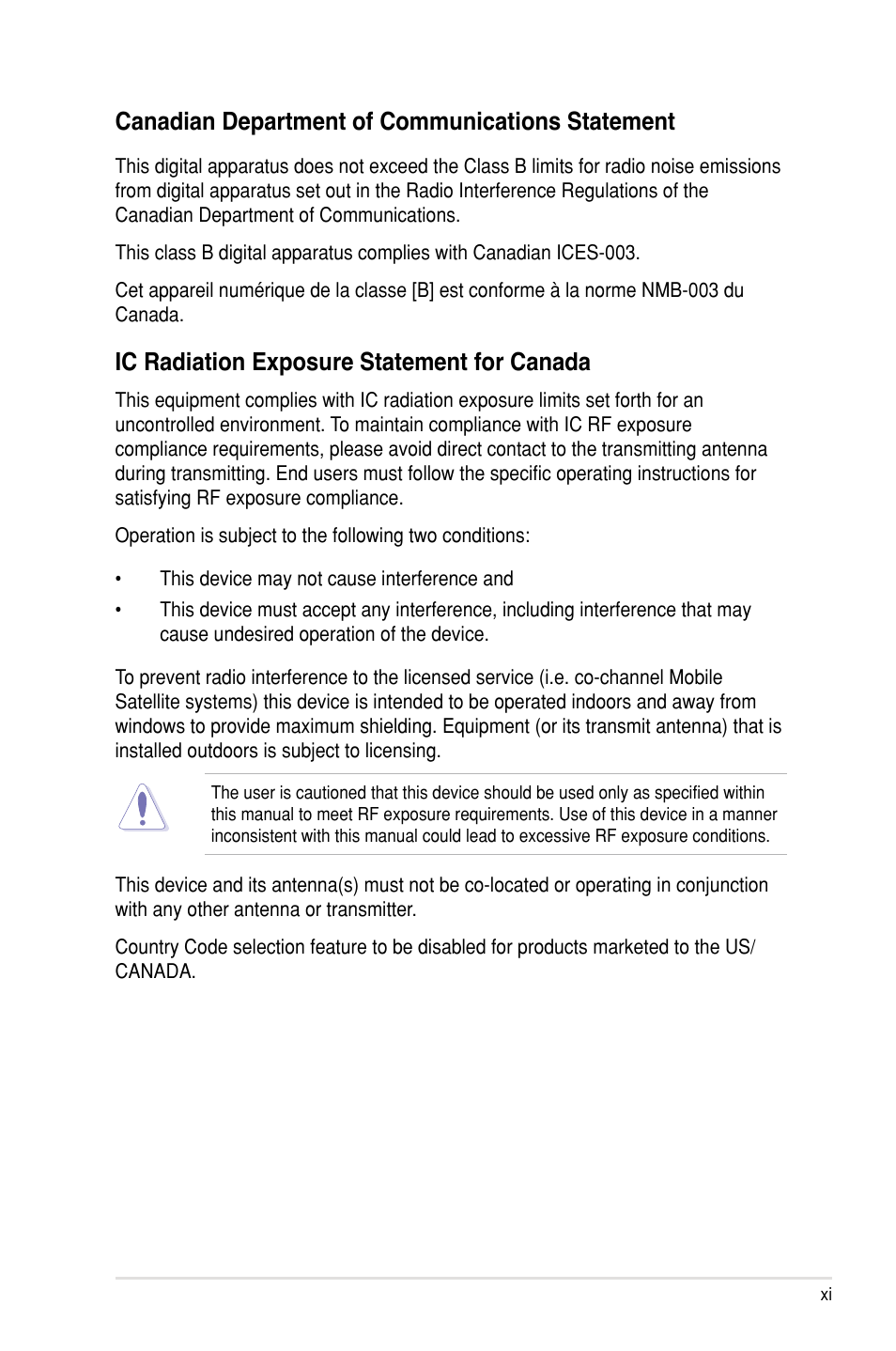 Canadian department of communications statement, Ic radiation exposure statement for canada | Asus Rampage III Extreme User Manual | Page 11 / 190