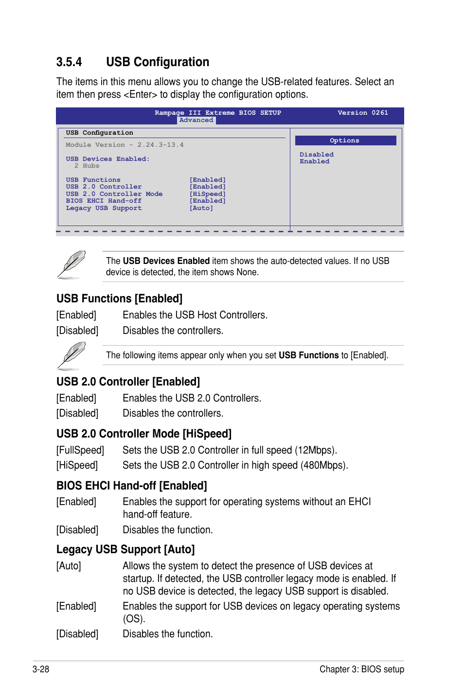 4 usb configuration, Usb functions �enabled, Usb 2.0 controller �enabled | Usb 2.0 controller mode �hispeed, Bios ehci hand-off �enabled, Legacy usb support �auto | Asus Rampage III Extreme User Manual | Page 114 / 190